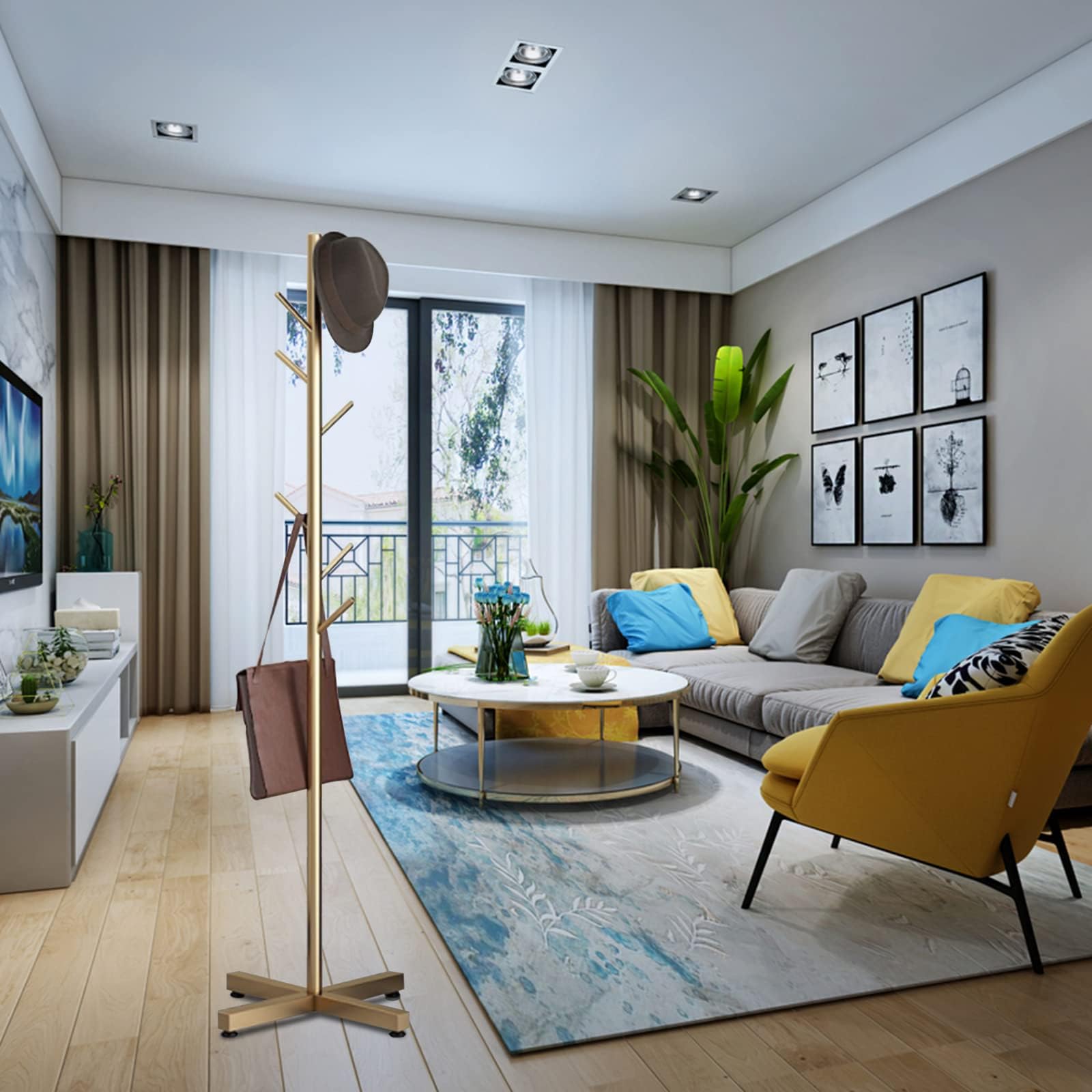 GKEVER 1.7m Free-standing Coat Rack, Hat Hanger Hall Tree, Metal Coat Rack Stand, High-Grade with Hooks Metal Tree Hat & Coat Hanger Floor Free Standing Wall Bedroom (gold-A, forked bottom)