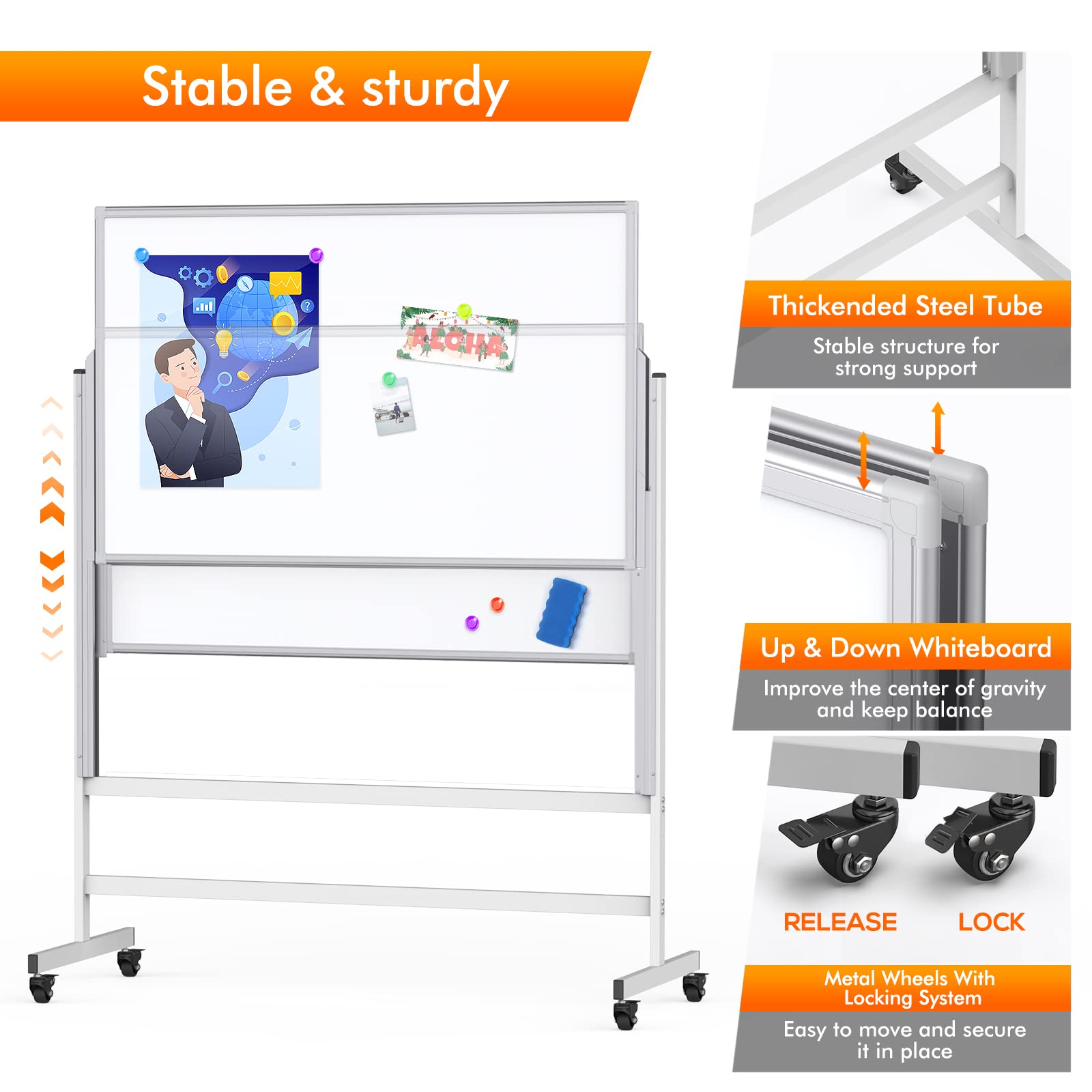 maxtek Dry Erase Whiteboard Height Adjustable Easel Stand Rolling White Board on Wheels - 48 x 60 Large — view 7