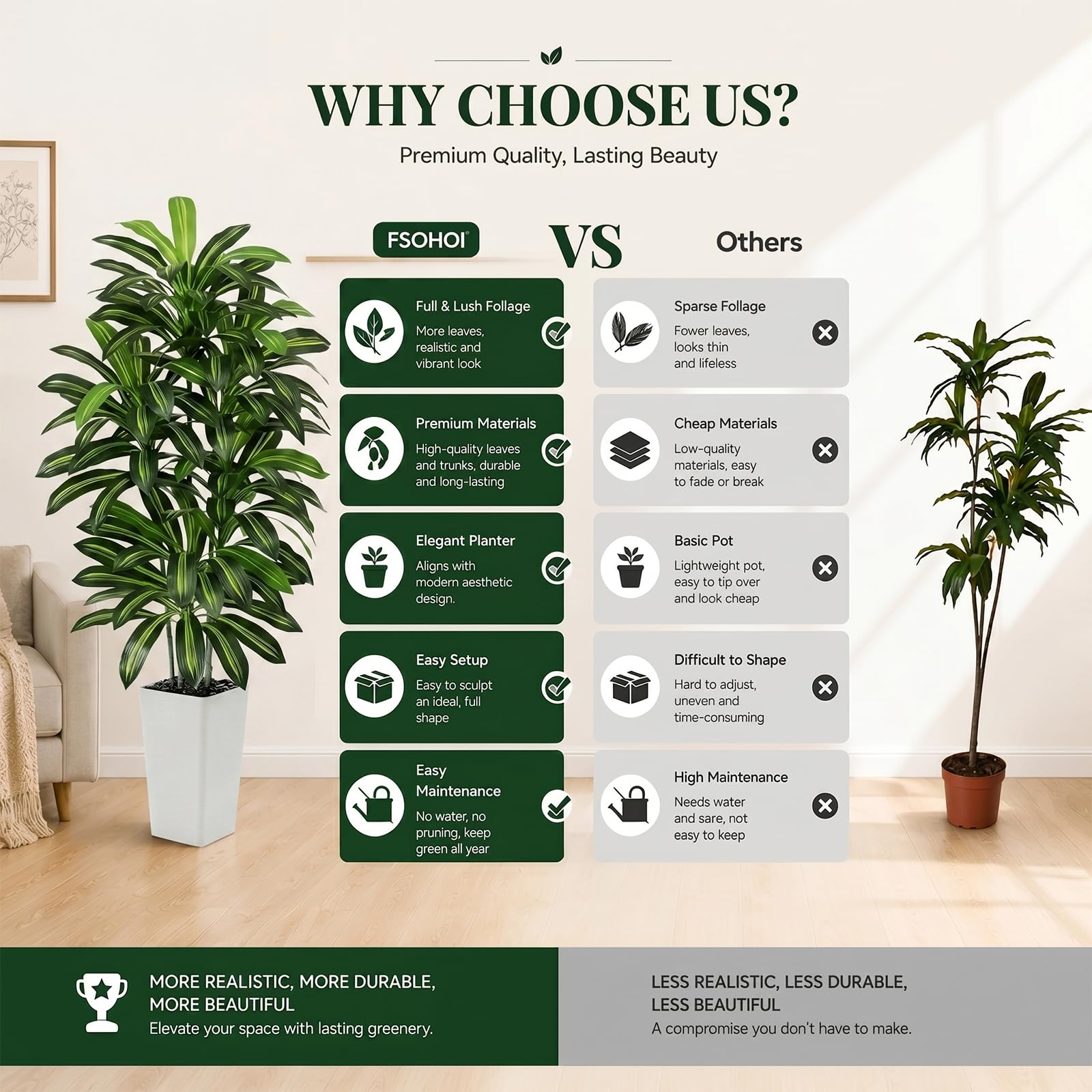 Dracaena Artificiale per Interni 150cm Albero Finto con Fioriera Bianca Alta, Pianta Finta Alta in Vaso, Pianta di Seta Artificiale per la Decorazione Della Casa, Ufficio, Soggiorno, Veranda, Patio