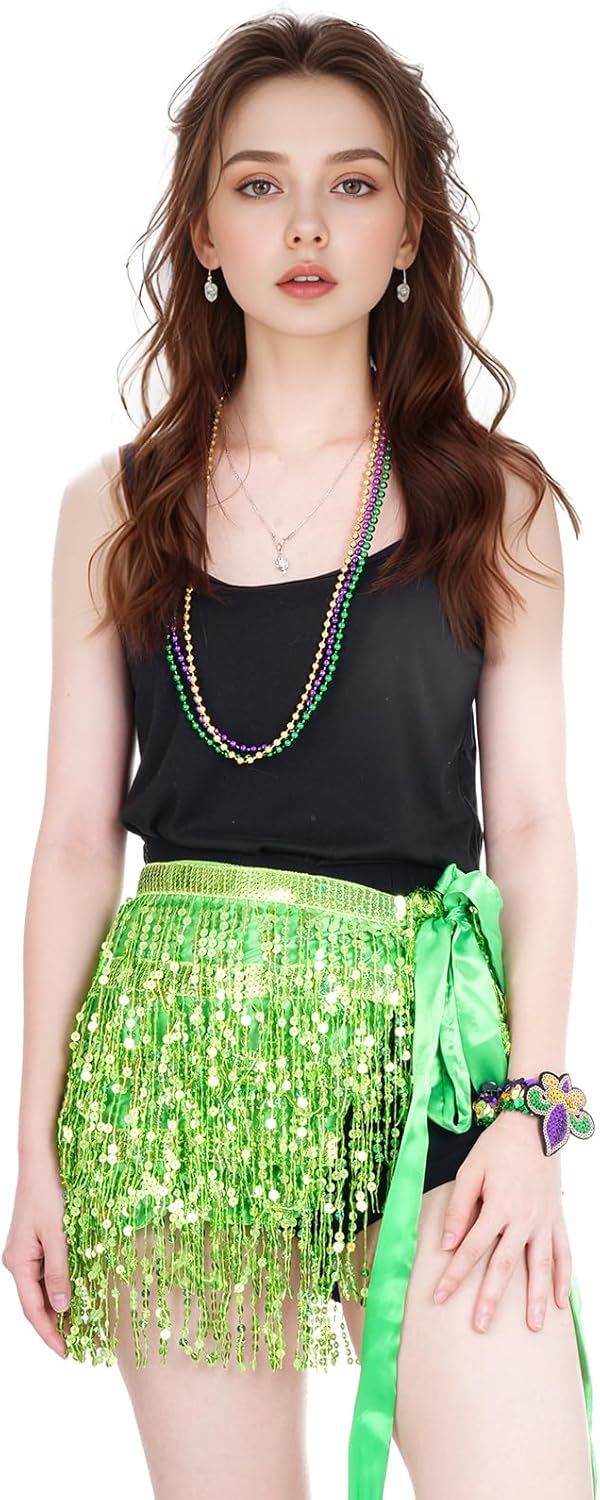 7Pcs Mardi Gras Costume Accessory Set Sequins Wrap Skirt Mardi Gras Earrings Bracelet Mask Beads Necklaces for Carnival Outfits - Image 6
