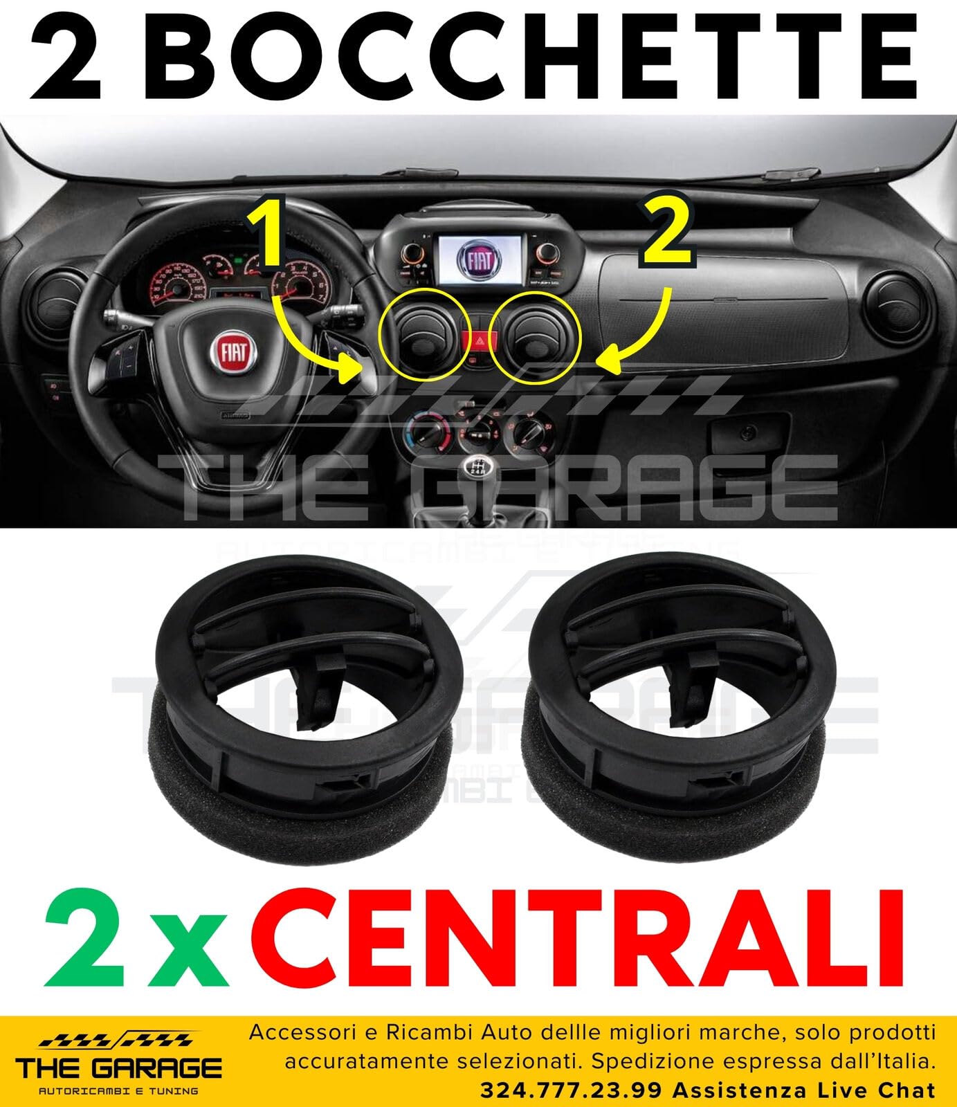 2 Bocchette CENTRALI Griglia di Ventilazione per Diffusore d'aria Centrale per Fiorino, Qubo, Nemo, Bipper OE: 735461076, 8265.JJ
