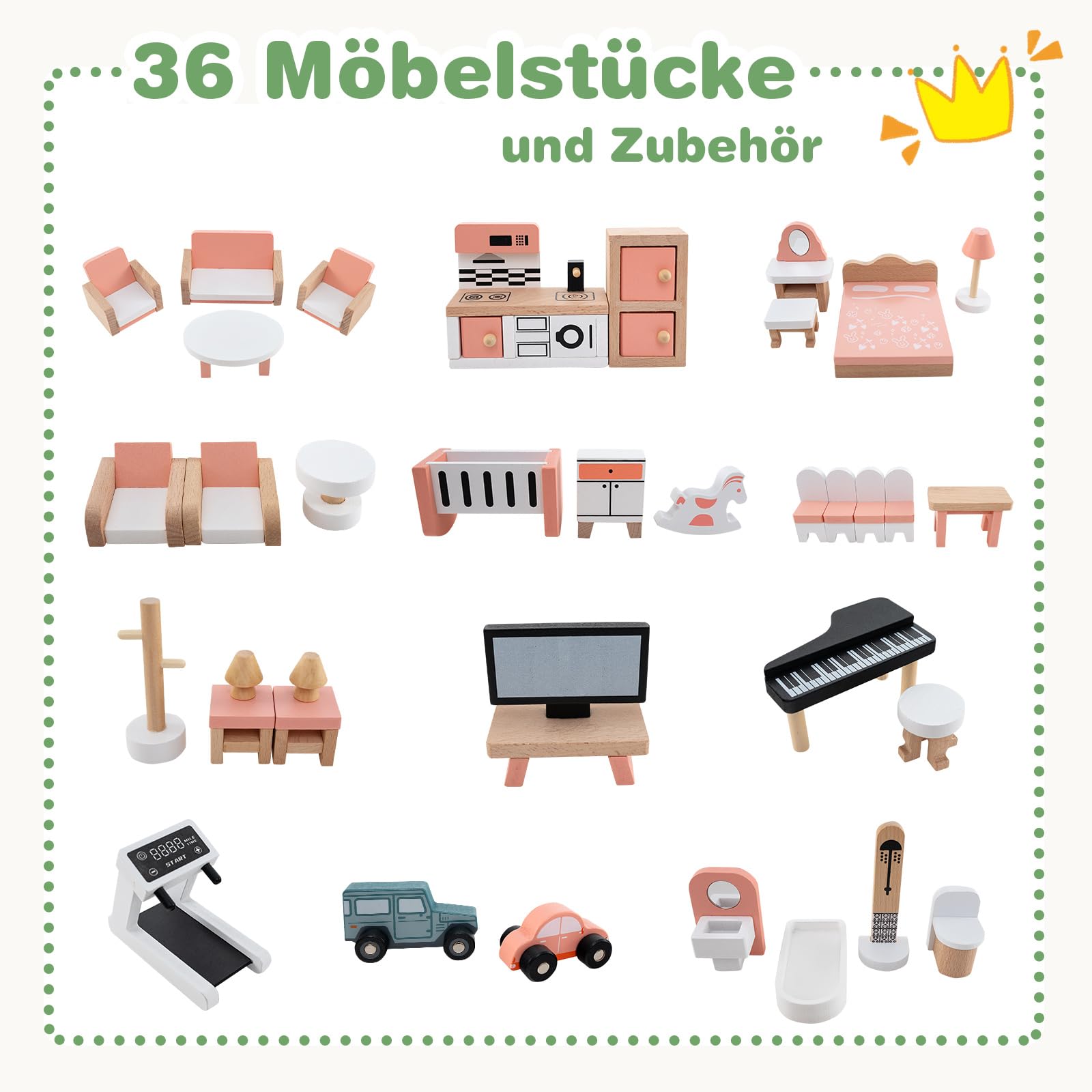 COSTWAY Puppenhaus Holz, Dollhouse 83 cm Hoch mit 36 Möbelstücken und Zubehör, Puppenvilla mit 6 Zimmern & Terrasse & Garage, Puppenstube Geschenk für Kidner ab 3 Jahren