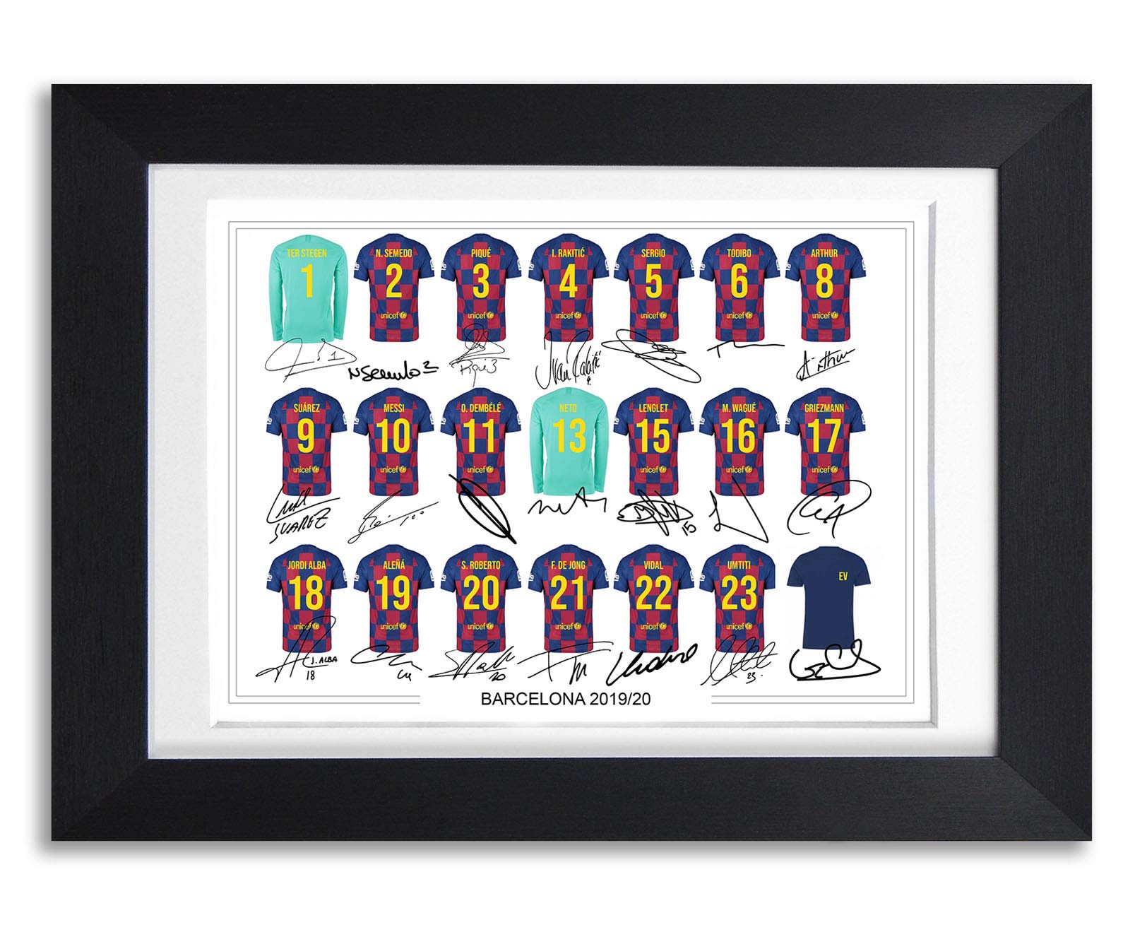 Barcelona Team Squad 2019-2020 Signed Poster Print Framed Picture Photo Autograph Gift Lionel Messi Luis Suarez Antoine Griezmann (A4 Mounted Only)