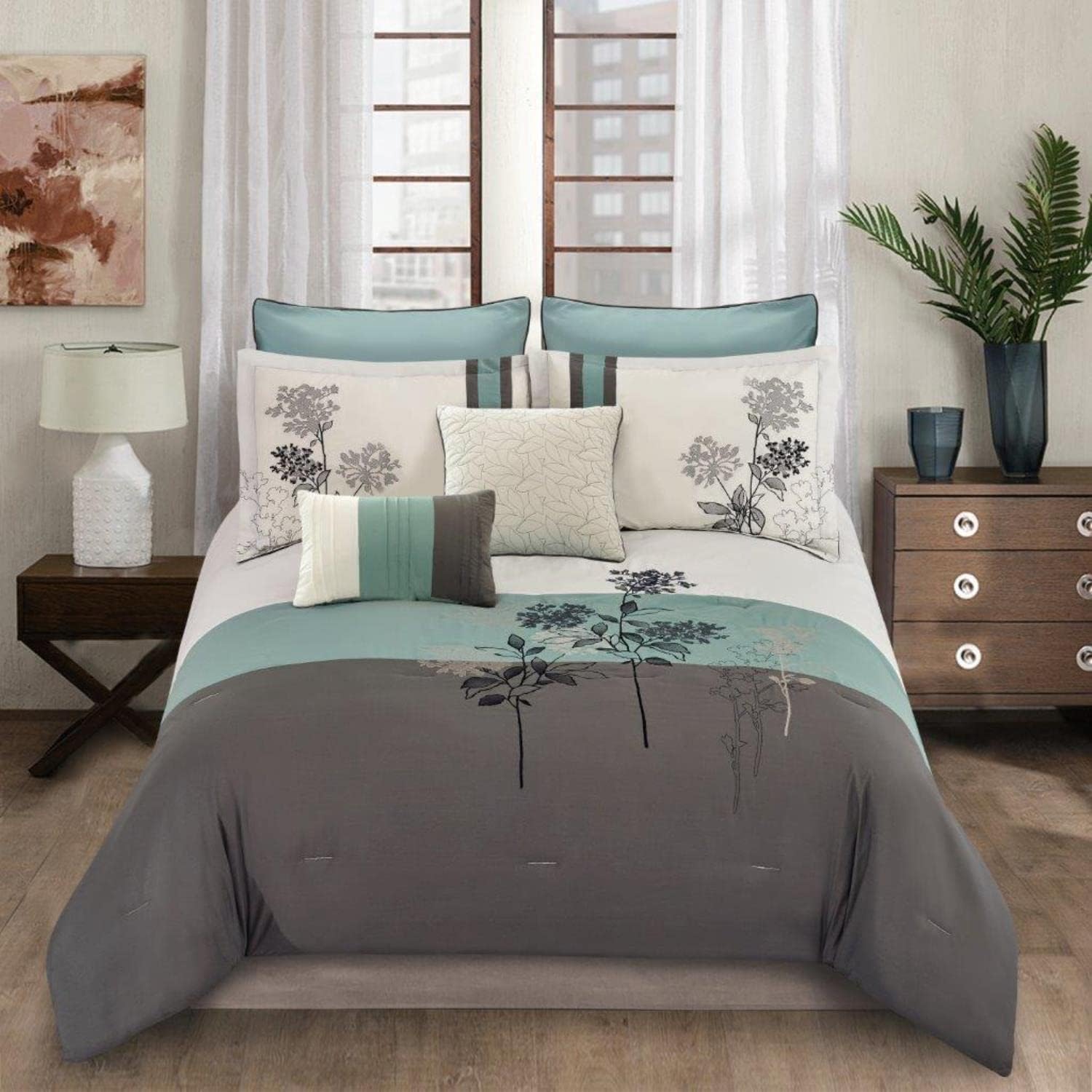 Emilie Comforter Set, Queen, Blue/Gray/Ivory, 8 Piece Set