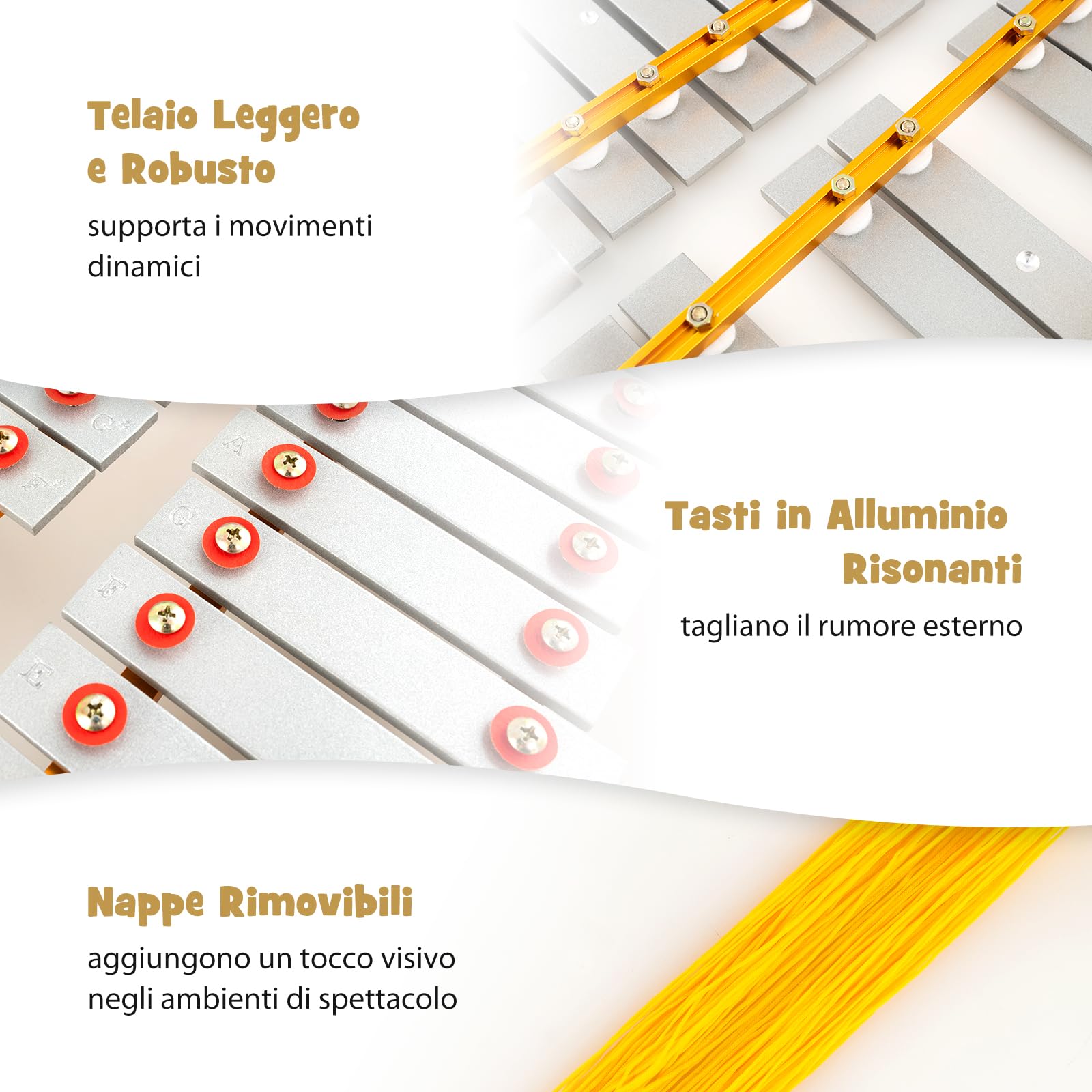 GYMAX Glockenspiel da Marcia, Liuto a 29 Note per Banda con Tasti in Alluminio, Lunghezza Regolabile, Cintura da Vita, 2 Bacchette, Nappine, Kit di Strumenti a Percussione per Parate e Pratica