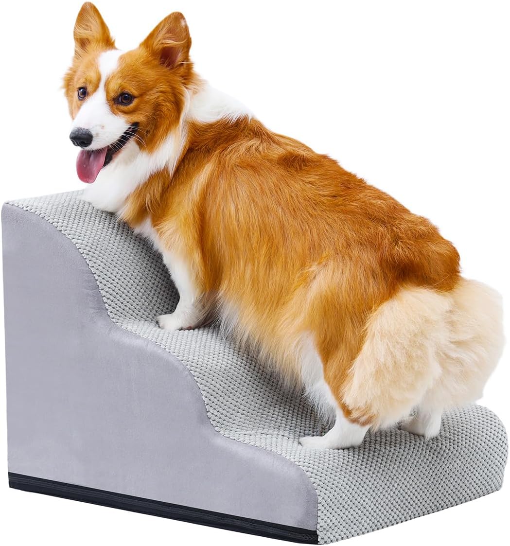 Makigued Dog Stairs for Small Dogs and Cats, 16″ H 3 Steps Pet Steps Ramp for High Bed, Couch, Sofa, Waterproof Pet Stairs with Removable Washable Cover, Non-Slip Bottom, Light Gray
