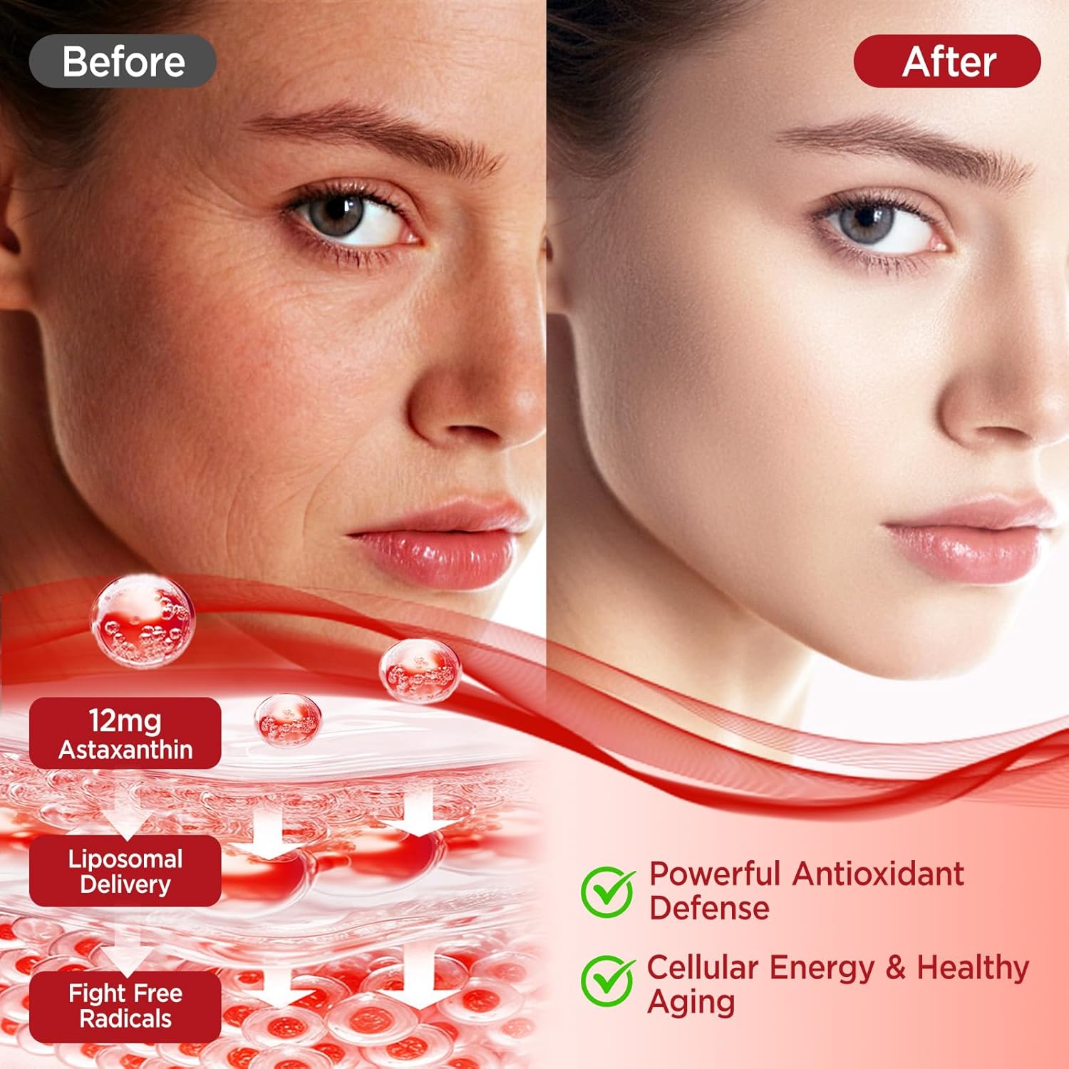 Liposomal Astaxanthin Gummies, Organic Astaxanthin 12mg Supplements with Lycopene, Glutathione for Powerful Antioxidant, Plus Vitamins & CoQ10 for Eye, Skin & Immune Health, Sugar Free, Vegan, 60