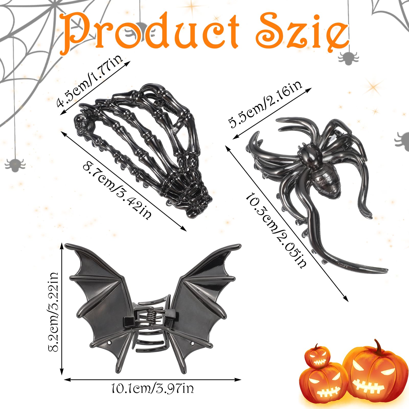 3 Pcs Metal Hair Claw for Women Girls Spider Net Bat Hand Claw Clip Non-Slip Skull Spooky Styling Barrette Clips Y2K Punk Goth Hair Accessories for Halloween Christmas Party - Image 3