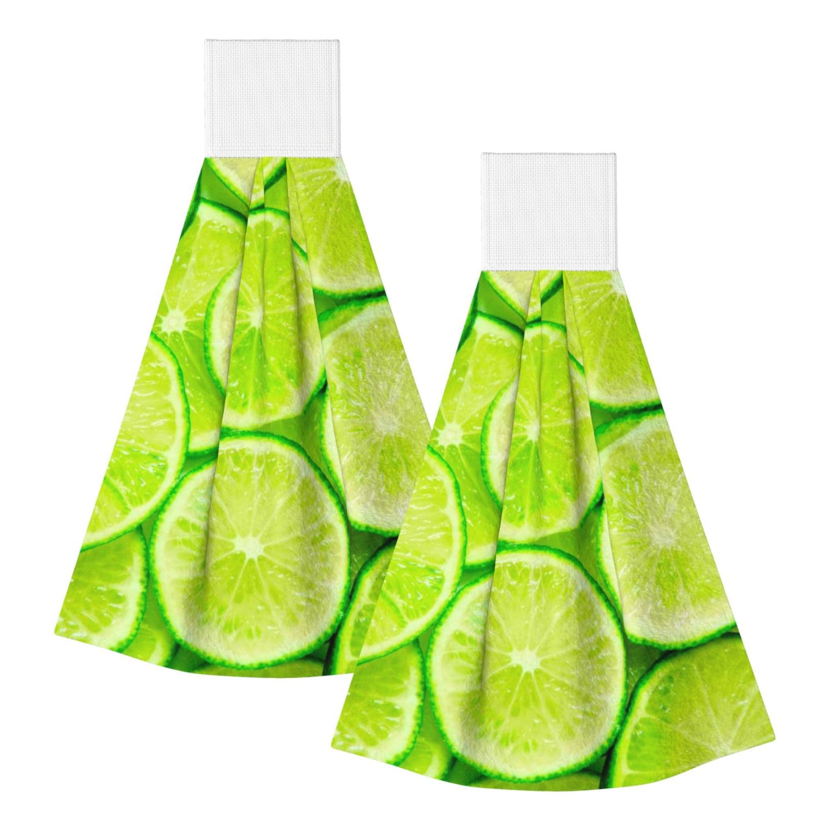DOPKLNA Green Lemon, 2 Pcs Hanging Coral Fiber Hand Towels for Bathroom, Absorbent Kitchen Towels