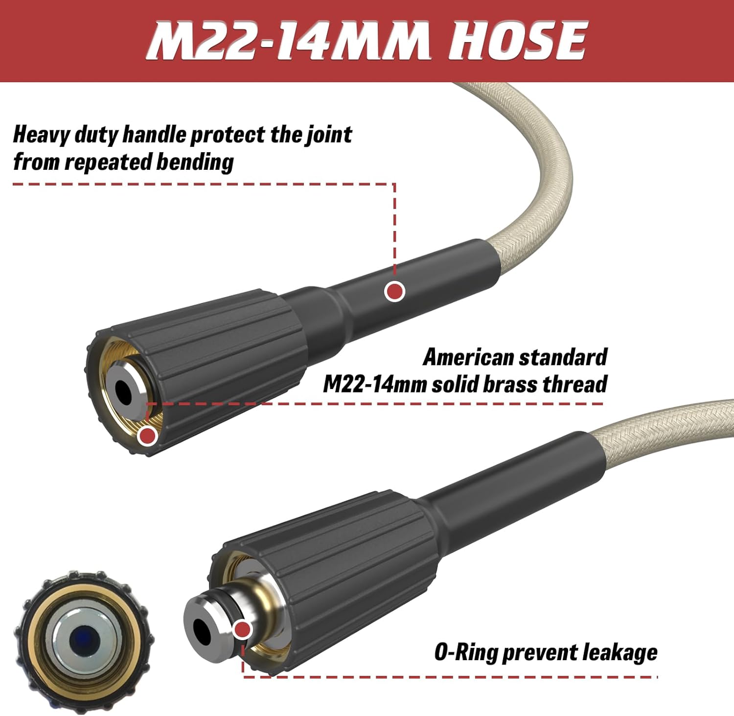 Pressure Washer Hose 50 FT, 1/4" PVC Gray Power Washer Hose, 3300 PSI Kink Resistant Pressure Water Hose, M22-14mm Extension Hose Replacement for Home Use