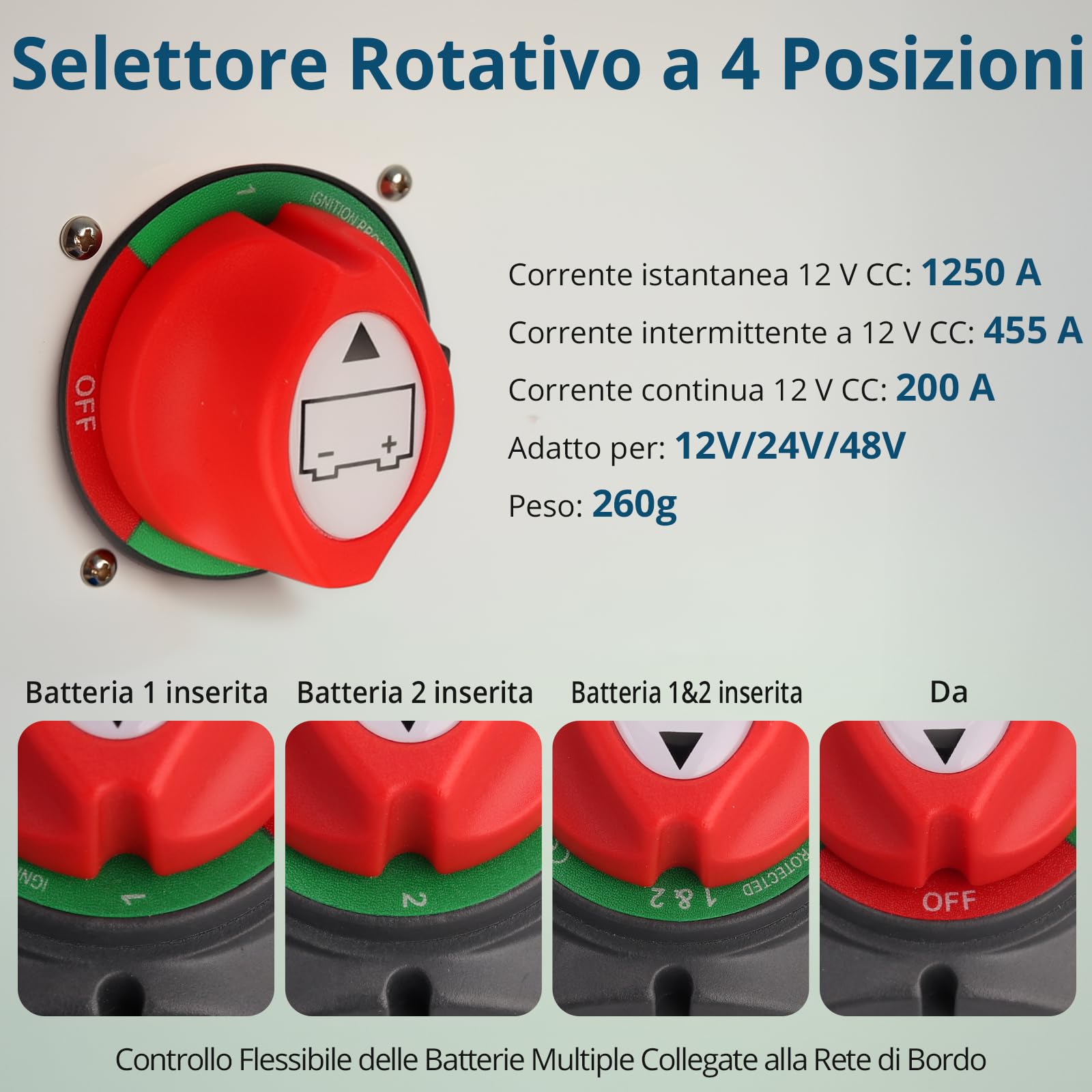 1+2 Staccabatteria Interruttore Doppia Batterie di Scollegamento 200A per Auto, Camper, Barca, Battery Switch Isolator On/Off 12V-48V, Impermeabilità IP45