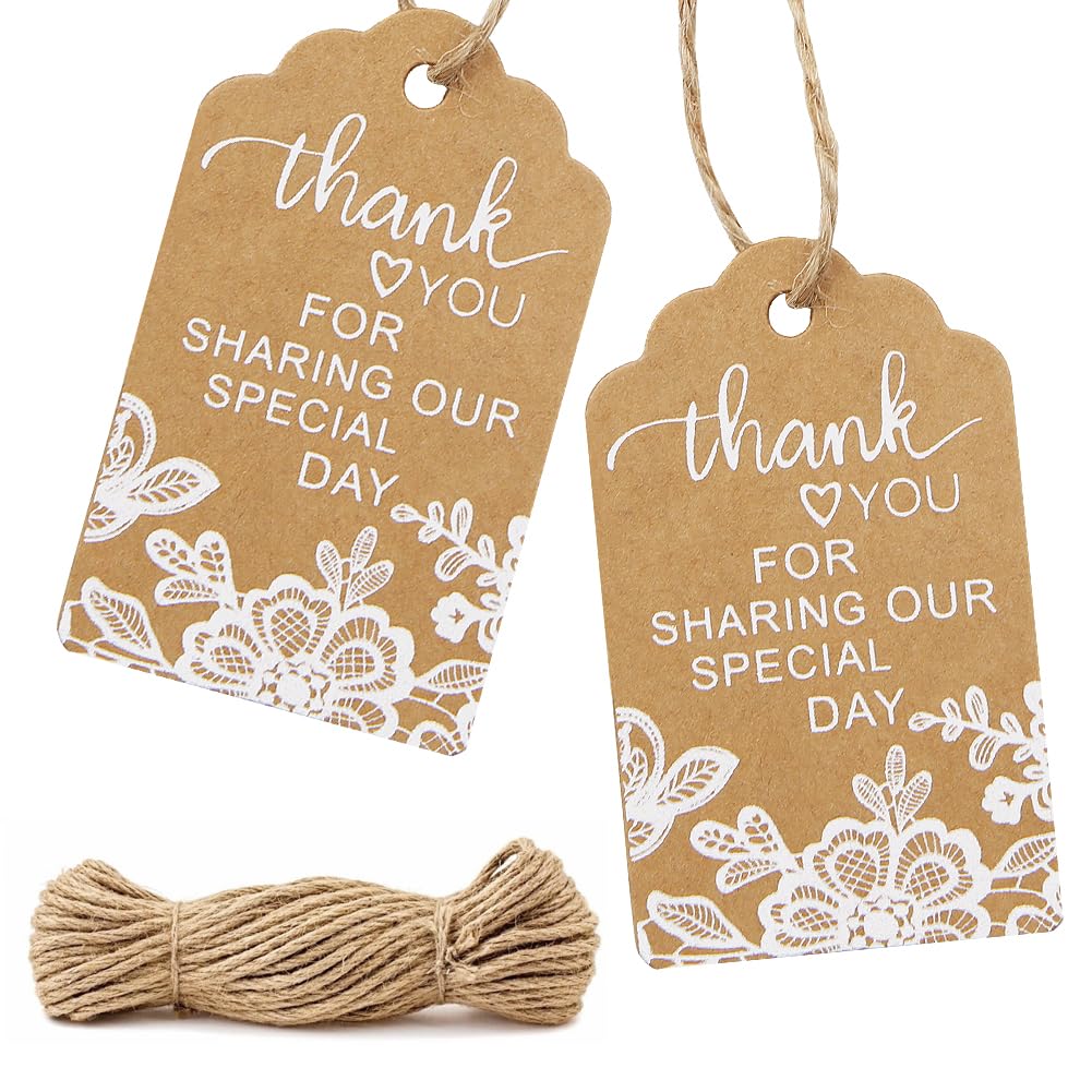 Wedding Thank You Tags 50 PCS,Bridal Shower Kraft Paper Tags with String,Thank You for Sharing Our Special Day Hang Tags for Wedding Bridal Shower Engagement Bachelorette Bachelor Party Favours