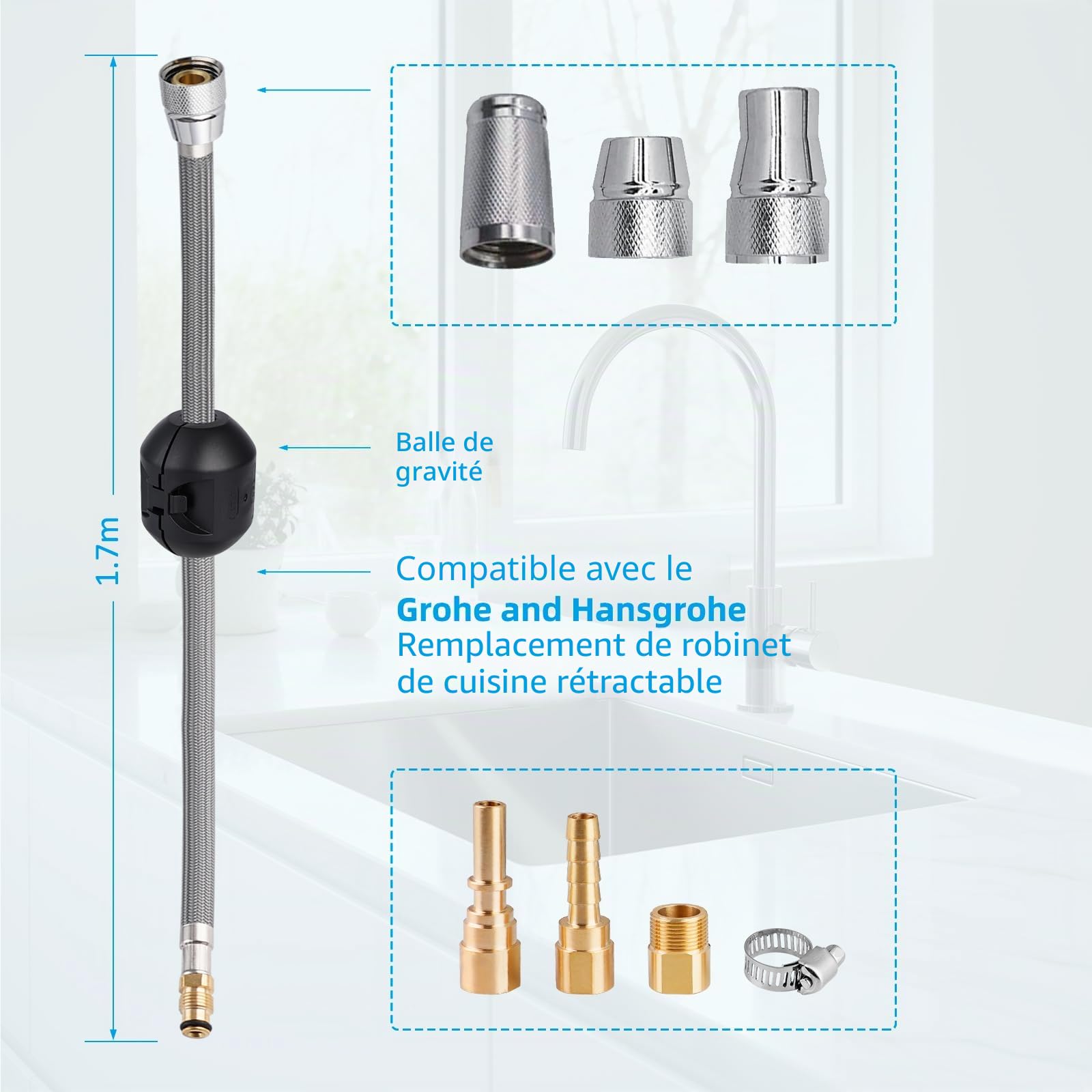 Hibbent Remplacement du tuyau du robinet à tirette compatible avec les robinets de cuisine Hansgrohe/Grohe avec 6 adaptateurs, Standard 88624000/46174000 /46092000 Model Hose Replacment,1.5m