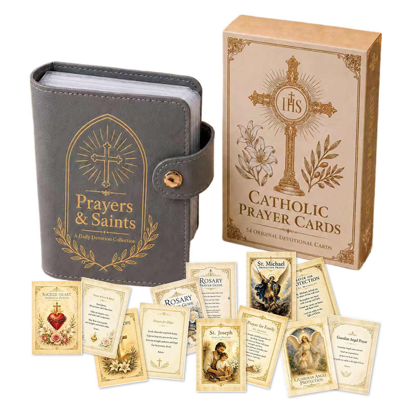 Catholic Prayer Holy Card Holder with 54 Cards, PU Leather Pocket Holder, Pocket Prayer Card Organizer with Snap Button Closure, Religious Gifts for Catholic Memorial & Daily Use