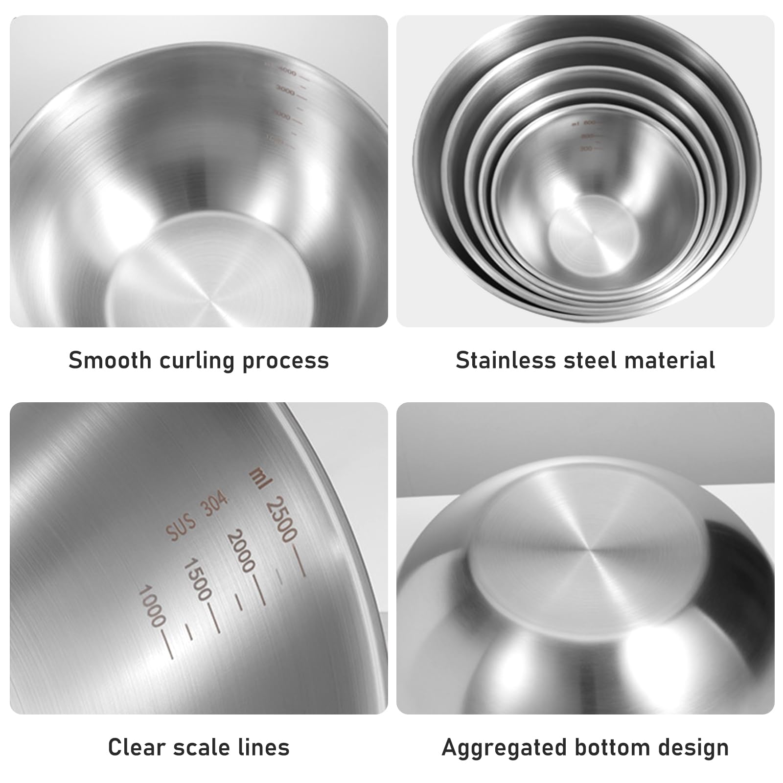 Set di ciotole per mescolare in acciaio inox, 5 pezzi, insalatiere in 5 misure (0,7-4 L), ciotole impilabili in acciaio inox, lavabili in lavastoviglie, per mescolare e servire