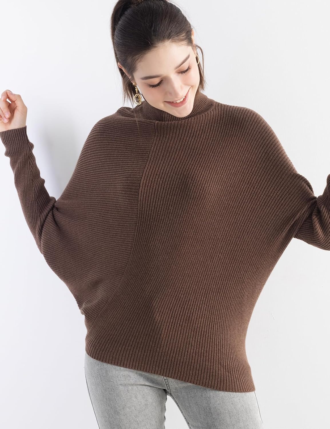 Women's Merino Wool Blend Oversized Sweater 2025 Fall Winter Turtleneck Batwing Sleeve Loose Fit Pullover Sweater - Image 4