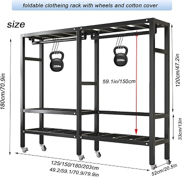 Heavy Duty Rolling Covered Metal Garment Rack with Lockable Wheels and Door, Load 2000lbs, Portable Closets for Hanging Clothes, Large Capacity 360Enclosed Clothing Racks (B, 59.1in/150cm)