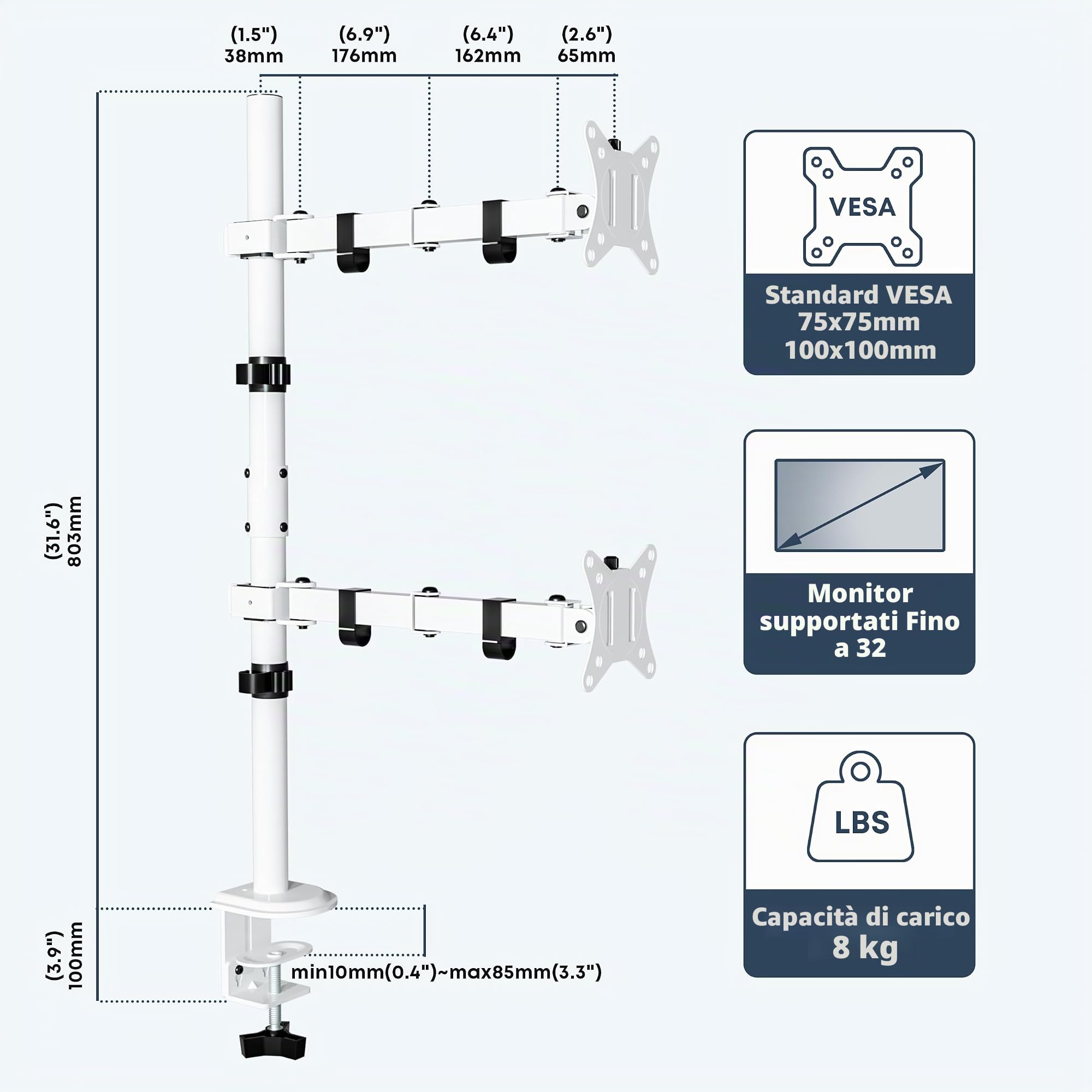 WORLDLIFT Supporto per Doppio Monitor Verticale per Schermo LED LCD da 17-32 Pollici Supporto VESA 75/100 mm Lunghezza dell'asta 80 cm Regolabile in altezza Capacità di peso 8KG