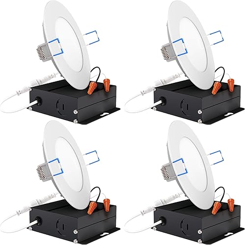 Sunco - Paquete de 4 luces LED empotrables ultrafinas de 4 pulgadas, luz diurna de 6000 K, regulable, 10 W, obleas delgadas, sin lata con caja de