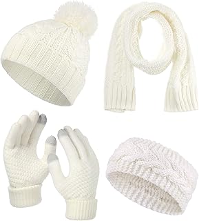 SATINIOR 5 Pcs Cable Knit Scarf Glove Hat Set Include Beanie Hat Gloves Scarf Headband (White)