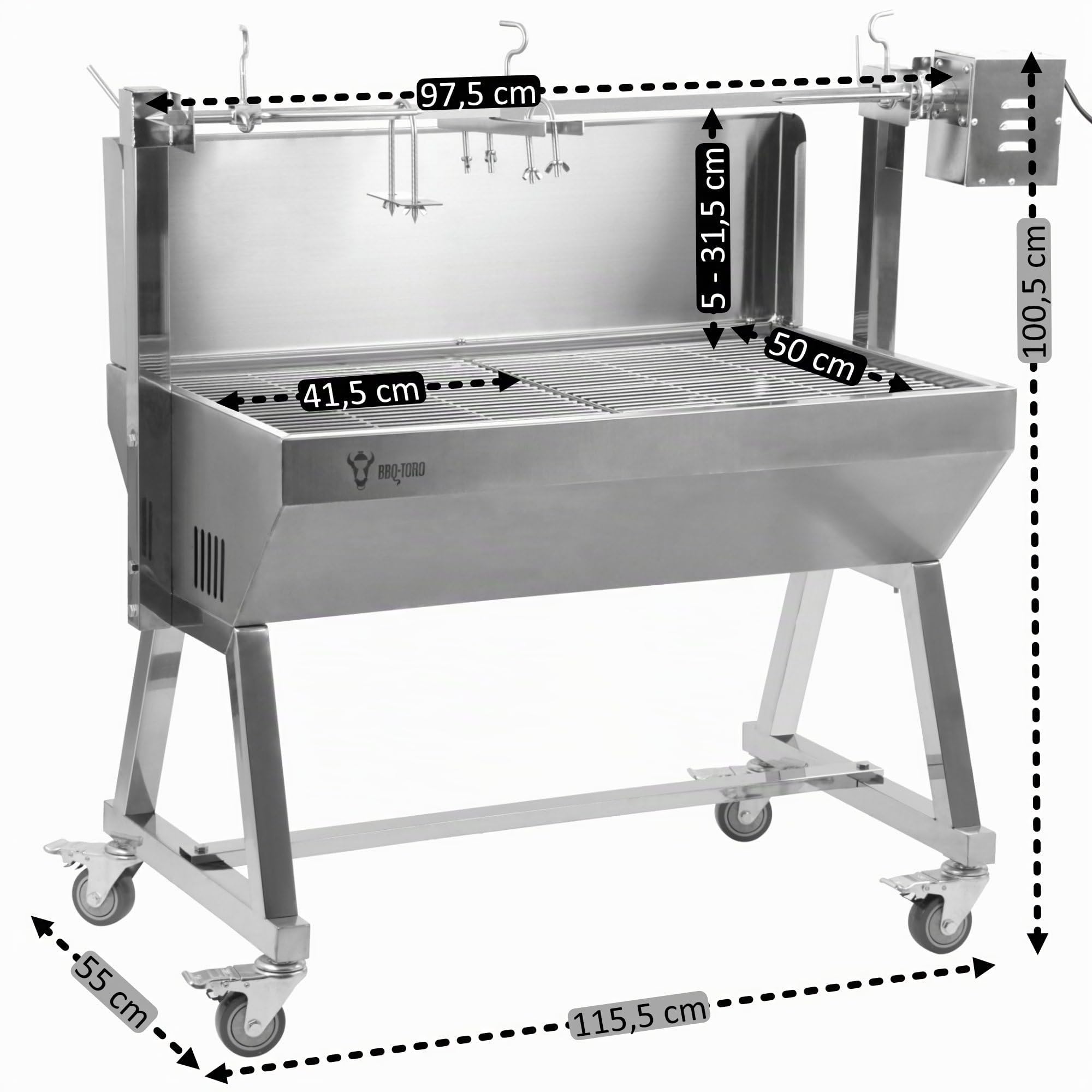 BBQ-Toro girarrosto mobile in acciaio inox per maialino | fino a 60 kg | grill rotisserie con motore, spiedo per arrosti | girarrosto per maiale e agnello con ruote, spiedo elettrico