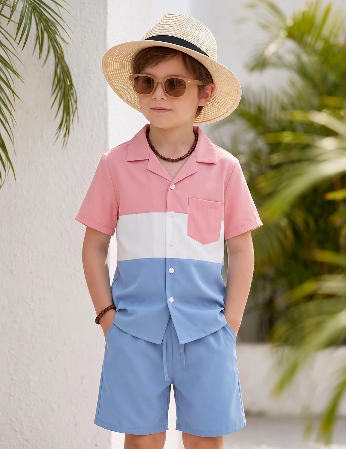 Boys 2 Piece Short Set Color Block Button Down Shirt and Shorts Vacation Clothes Outfit for Kids 7-14 Years
