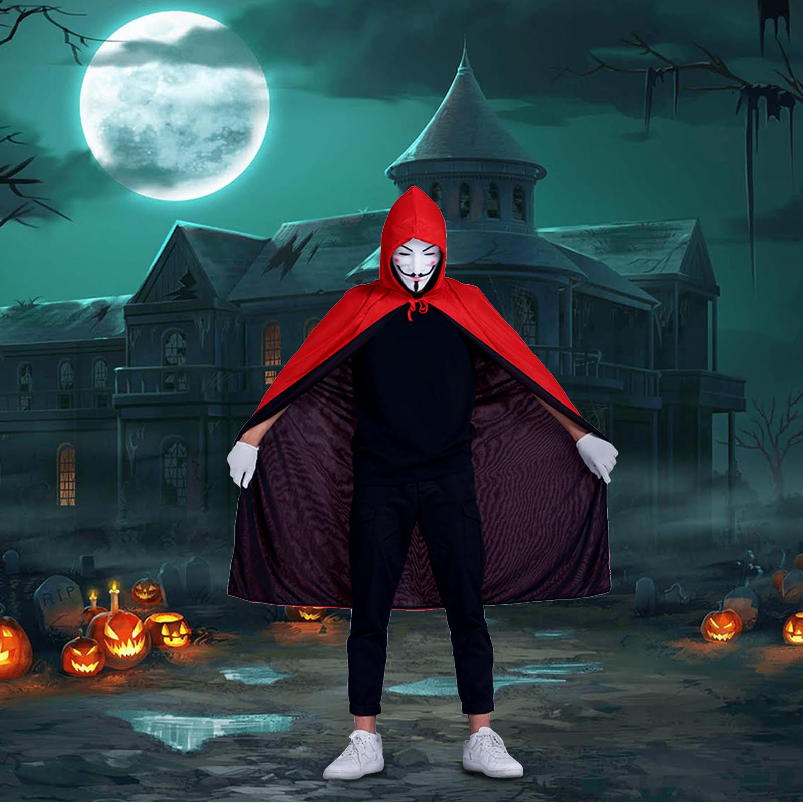 Cape De Vampire Réversible Noir/Rouge Halloween 140cm - Avec Dentiers Et Tatouages, Pour Adultes Et Enfants
