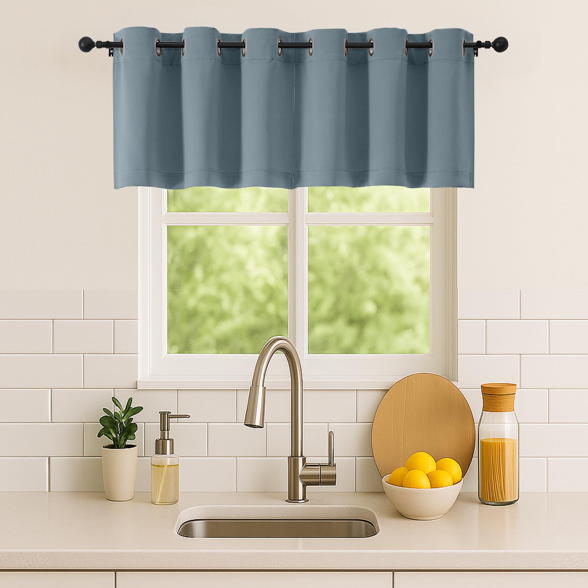 Simplebrand Stone Blue Kitchen Valances for Windows 18 Inches Long 2 Pack, Room Darkening Window Valances for Living Room, Grommet Short Straight Drape Kitchen Curtains for Bedroom Kids Room, 40Wx18L
