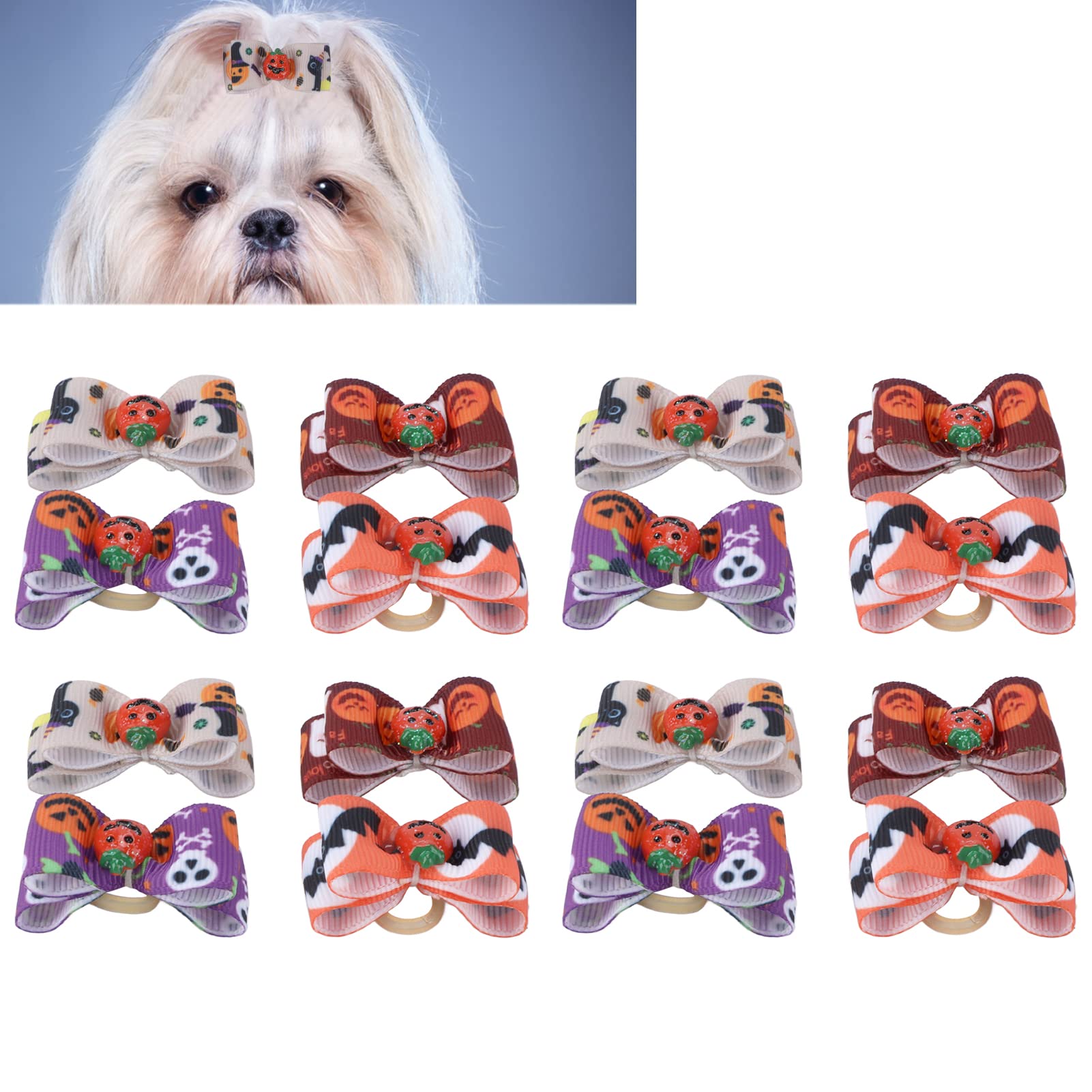 Vitdipy 16Pcs Dog Hair Bows, Cute Mix Colors Pet Bowknot Headdress with Rubber Band for Halloween Thanksgiving Pet Supplies