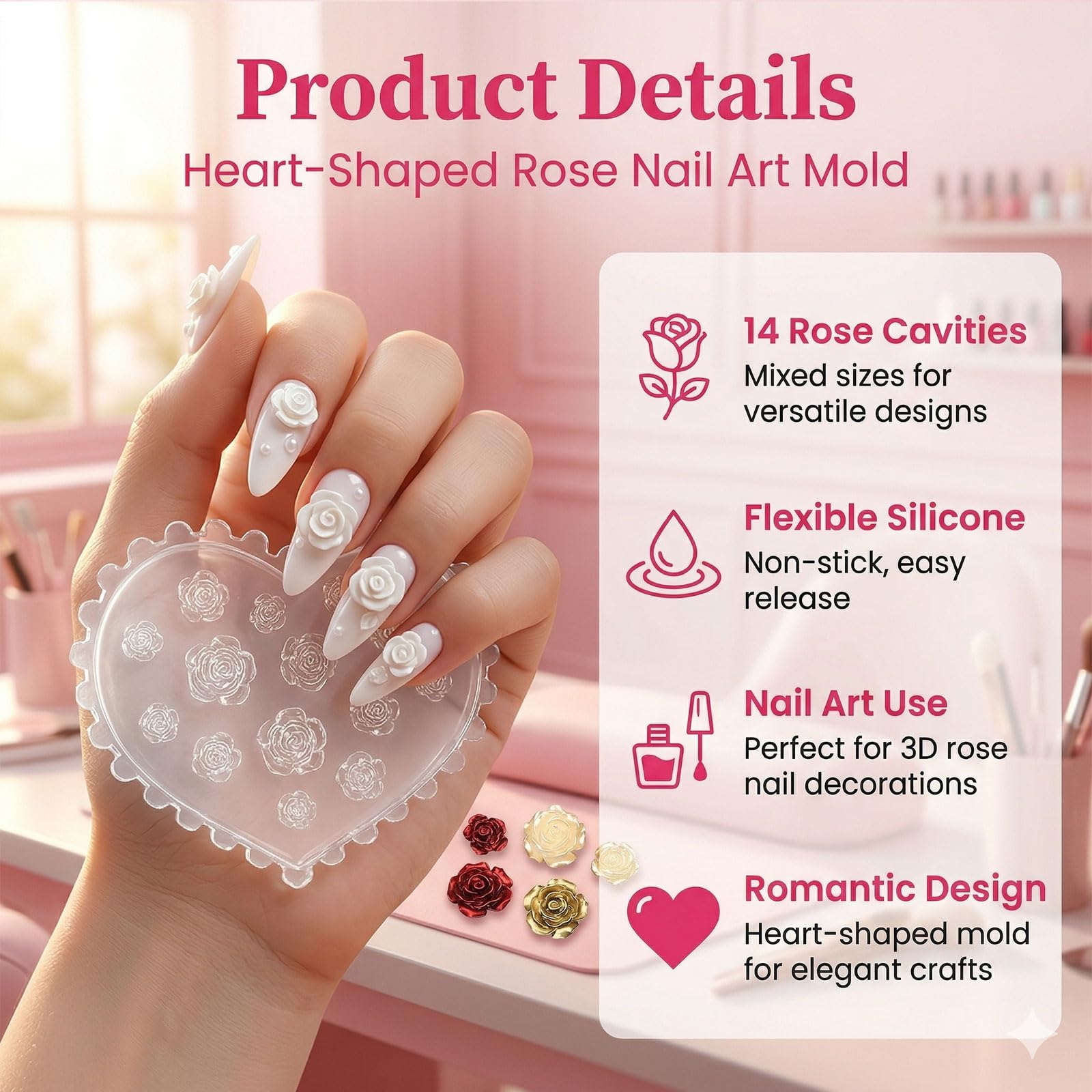 Forma De Silicona Para Uñas 3D Con Pétalos De Rosas Plantilla Floral En Forma De Corazón