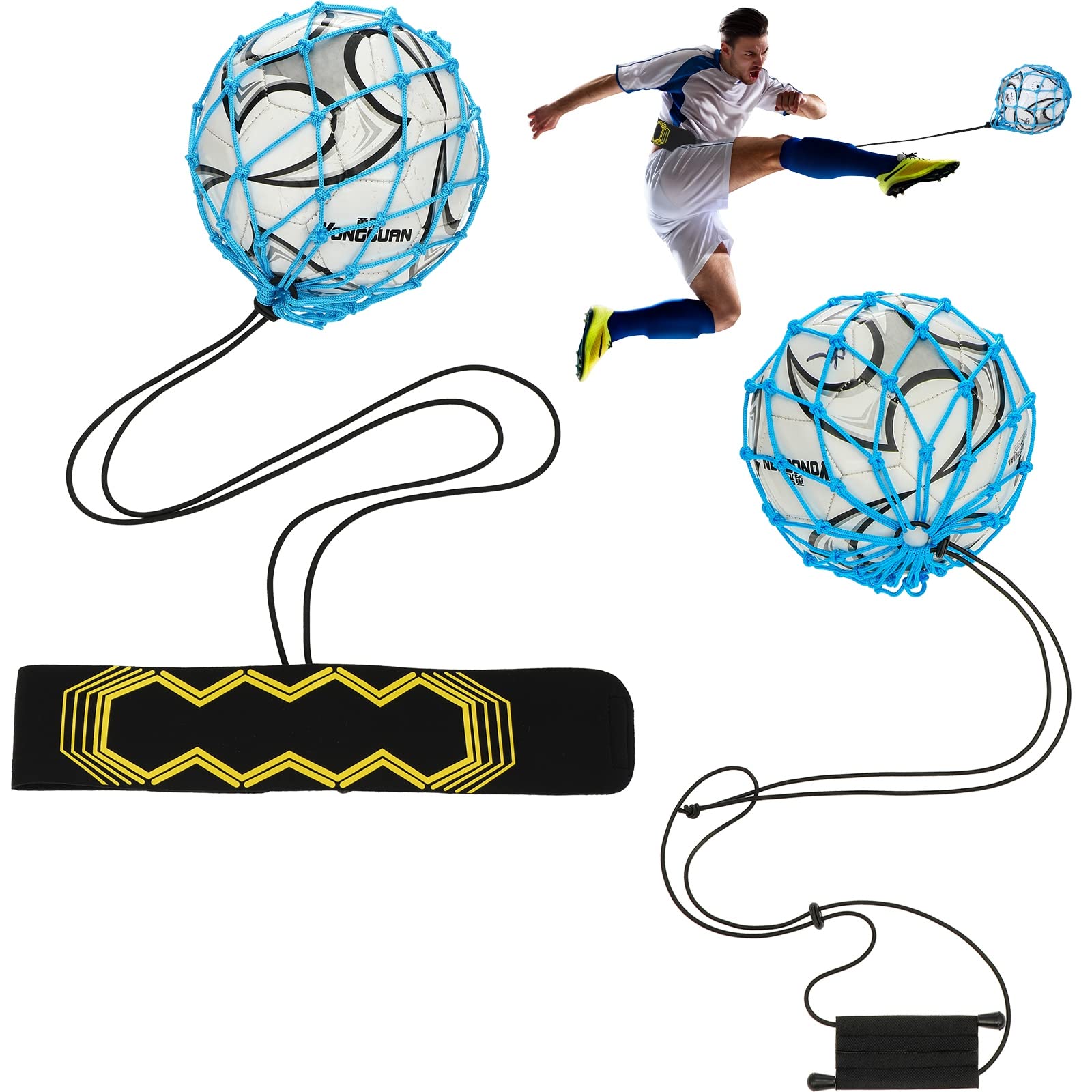 Jerify 2 Pcs Soccer Kick Trainer Soccer Training Equipment Waist Belt Soccer Kick Throw Trainer Handle Net Elastic Soccer Equipment for Training Kids Adults, Ball Size 3, 4, 5