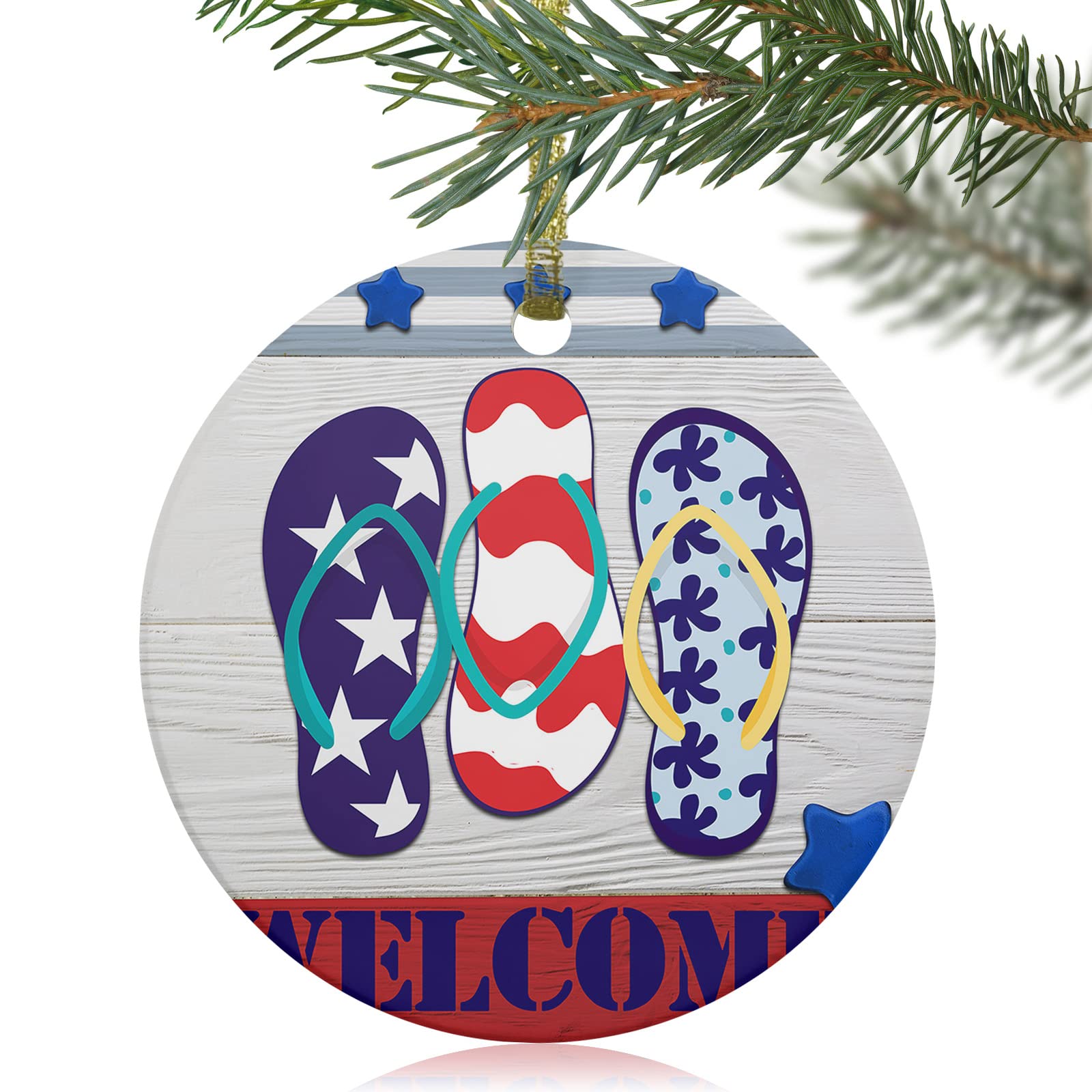 Amazon.com: Summer Flip Flops with American Flag Welcome Star Christmas  Tree Ornaments 2021, Beach Sea Retro Wooden Stripes Round 3 Ceramic  Double-Sided Xmas Hanging Ornament, Gift for Family : Home u0026 Kitchen