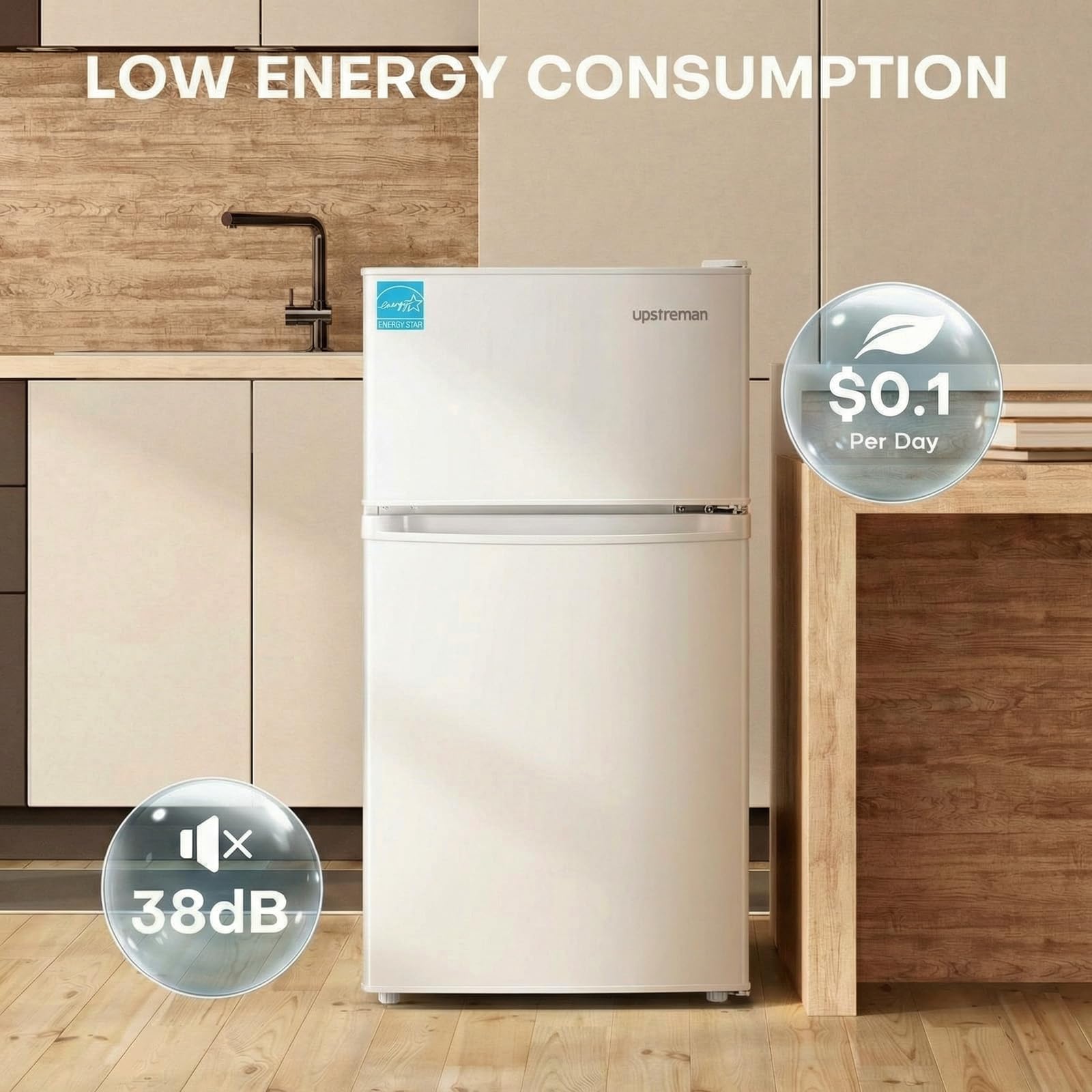 Upstreman 3.1 Cu.Ft Mini Fridge With Freezer, Double Door Small Fridge, Dorm Essentials, Adjustable Thermostat, Energy Saving, Mini Refrigerator For Office, Dorm, Bedroom, White on Fridge.com - View 5