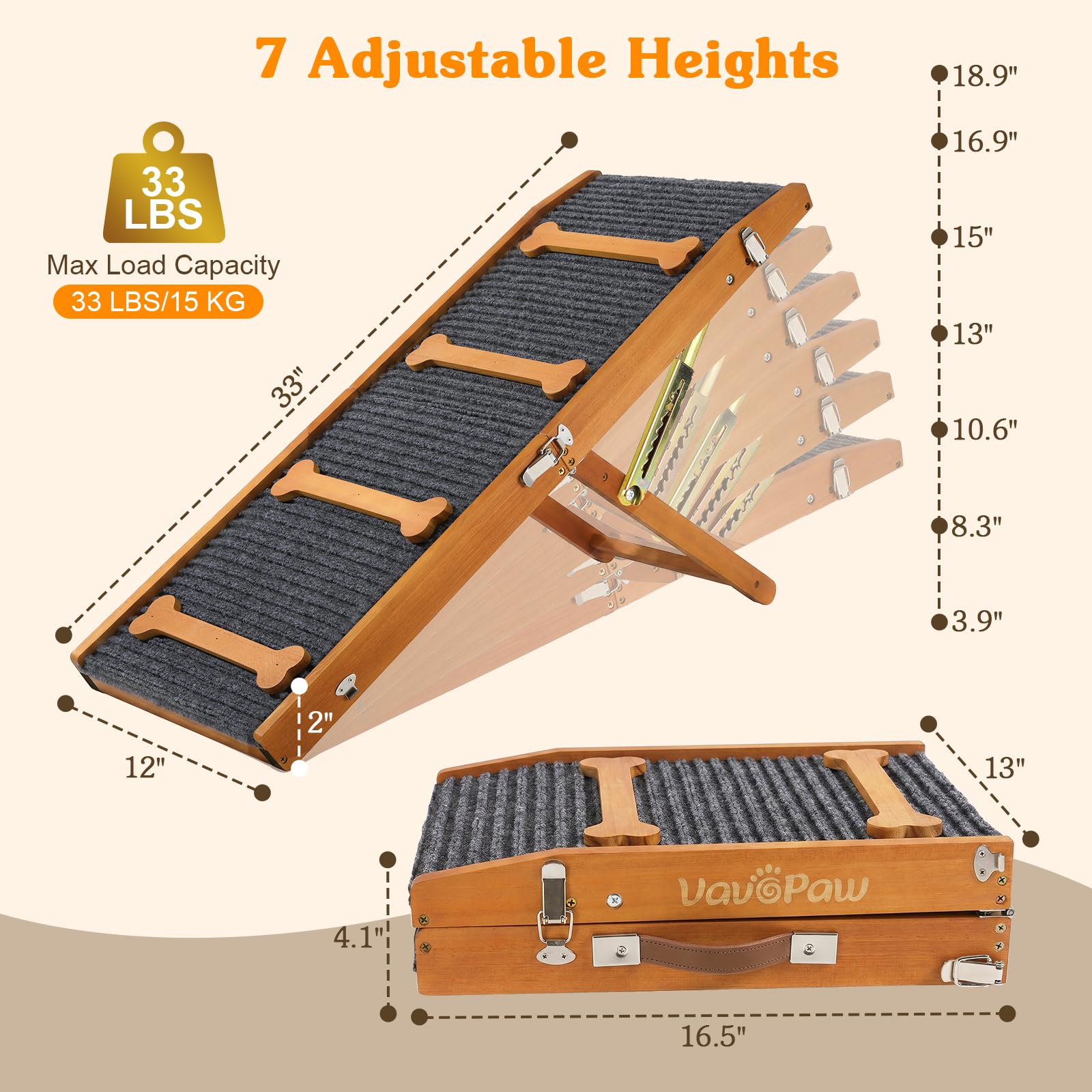 VavoPaw Rampa Mejorada para Perro, Rampa Plegable para Perros Pequeños para Camas, 7 Alturas Ajustables de 3,9"-18,9" con Almohadilla Antideslizante, Escaleras para Mascotas de hasta 33 LBS, Nuez