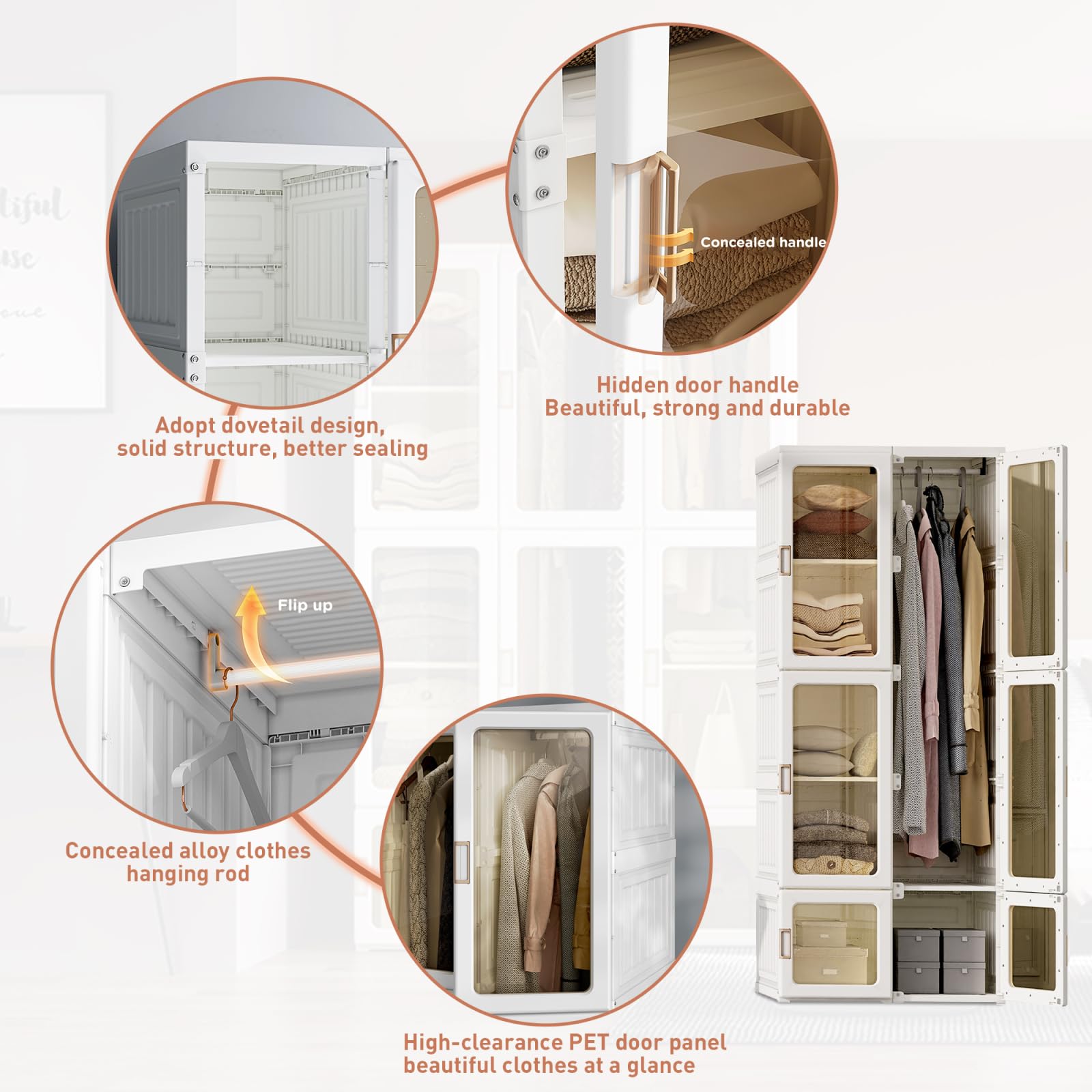 Fofetbfo - Armario de almacenamiento, armario plegable con 6 estantes y 1 barras de suspensión para vestuario, dormitorio, vestidor (transparente, 170 x 69 x 50 cm)