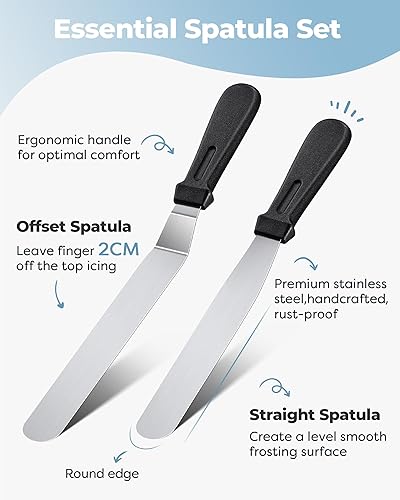 Miniatura 4 de Kootek Kit de decoración de tartas, suministros para hornear, tocadiscos con 2 espátulas rectas en ángulo esmerilado, 3 raspadores más suaves para
