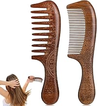 Lot De 2 Peignes En Bois De Santal Naturel, Peigne à Cheveux Durable Avec Parfum De Bois De Santal, Pour Massage Cheveux Longs Densément Fins,Peigne Barbe Naturel Durable Femmes Hommes Cadeau.