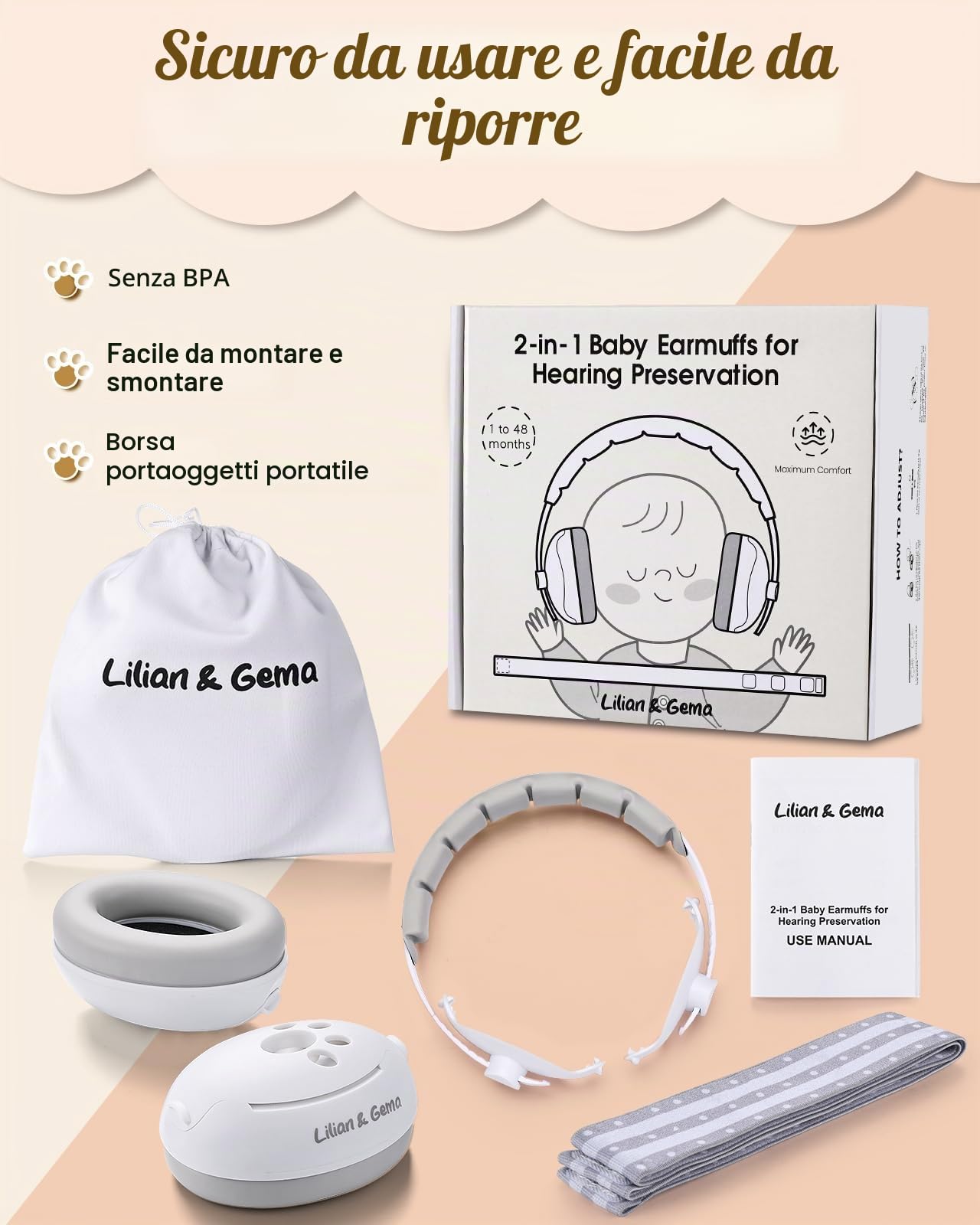 Lilian&Gema Protezione dell'udito per neonati 2-in-1 Cuffie con protezione acustica 25dB Paraorecchie regolazione del nastro