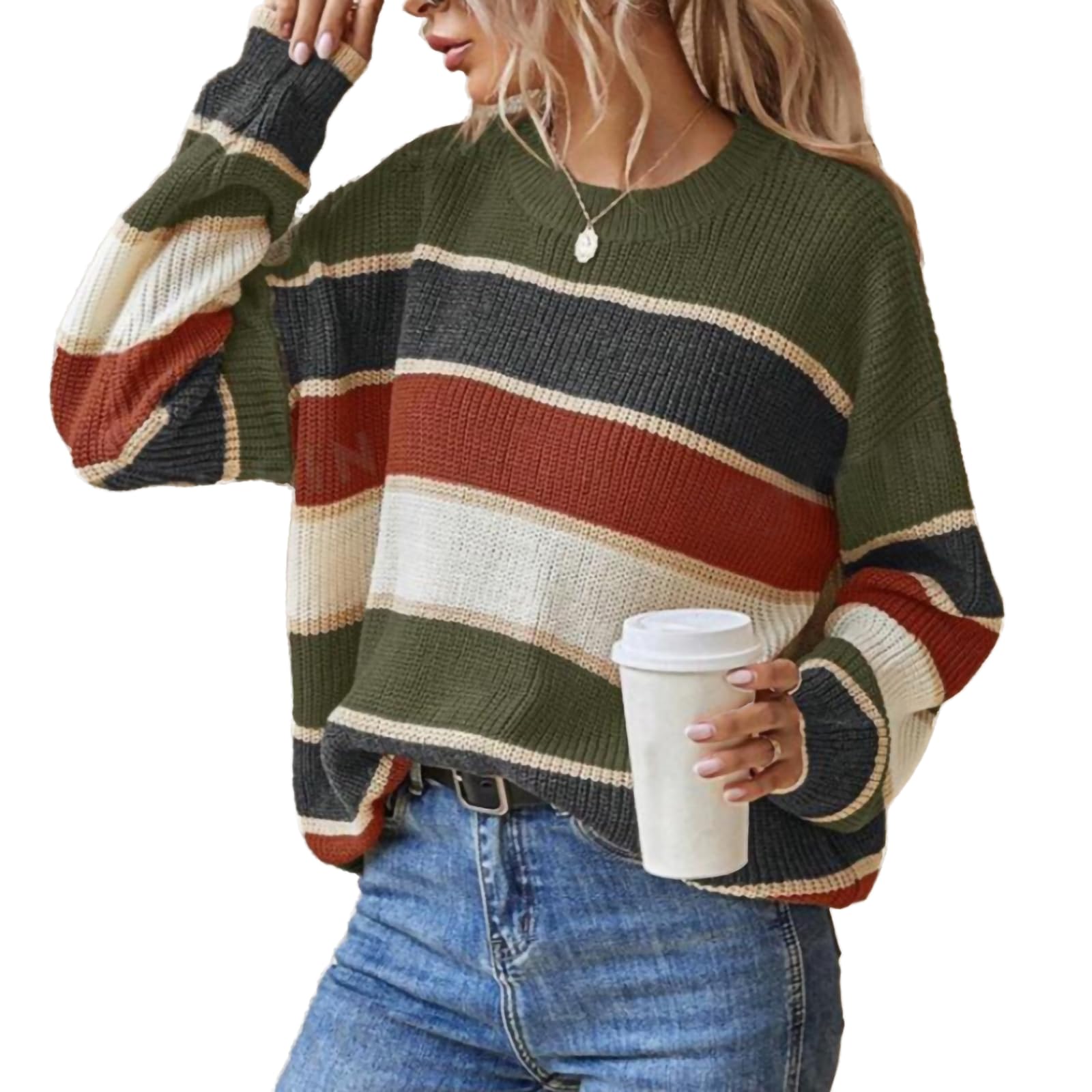 Womens Sweaters Casual Crew Neck Knit Long Sleeve Striped Pullover Sweater Lightweight Fashion Fall Outfits
