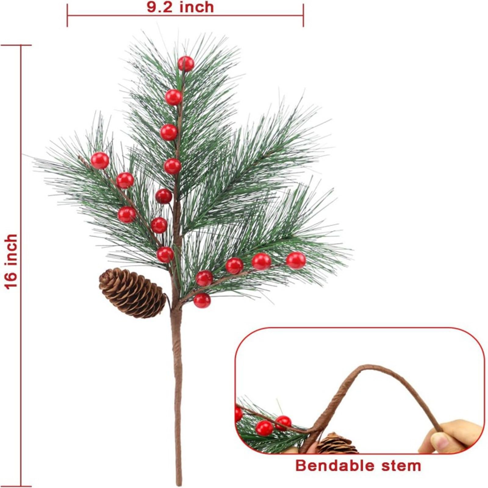 Künstliche Tannenzweige mit roten Beeren & Zapfen,Lange Deko Zweige 40cm,Weihnachtszweige für DIY Kranz,Girlande, Adventskranz,Weihnachtsbaum,Tischdeko,Handwerk Deko (12 Stück)