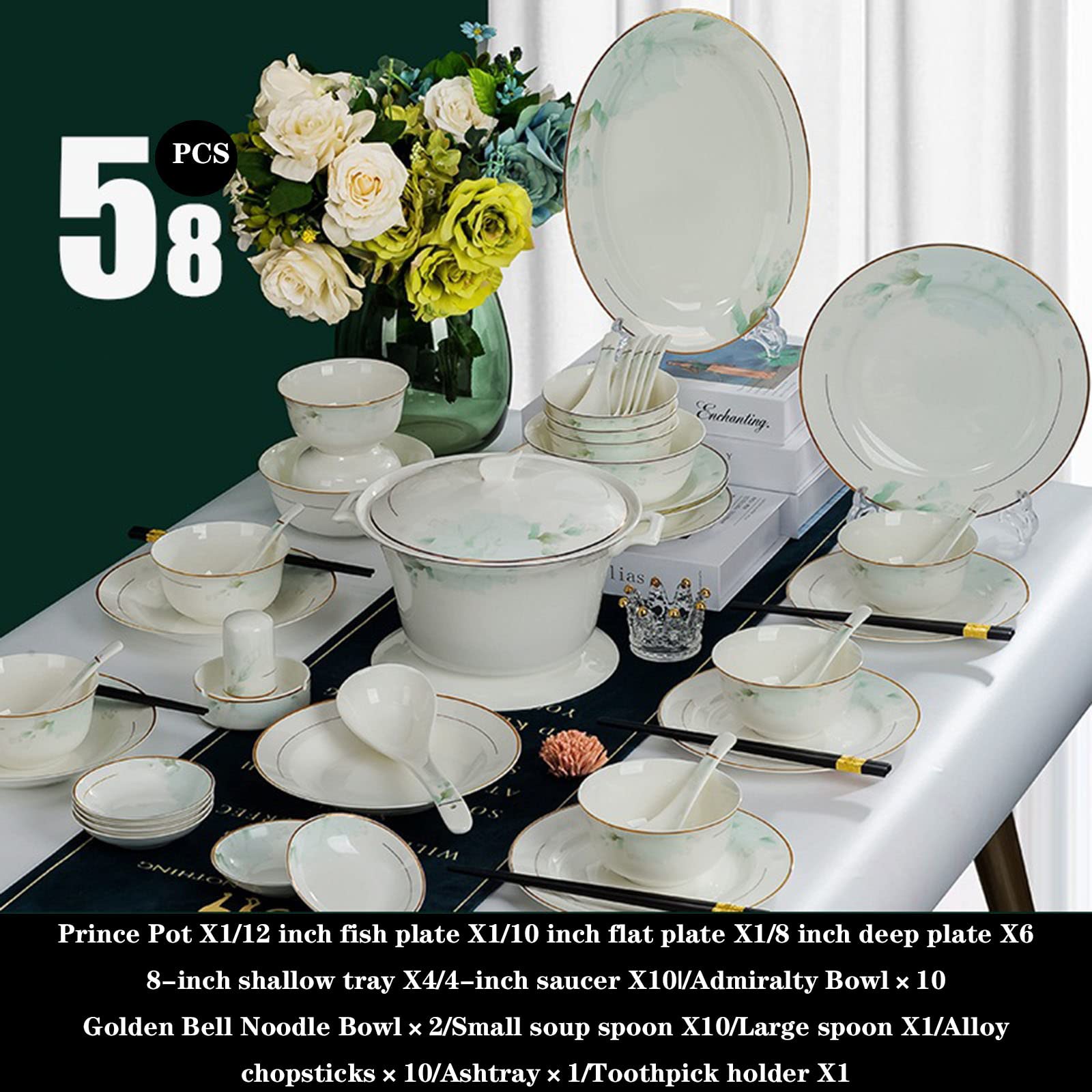 Zestaw obiadowy z porcelany kostnej, 58 sztuk ceramicznej zastawy stołowej dla 6-10 osób, eleganckie domowe talerze do naczyń do rozrywki i prezentów
