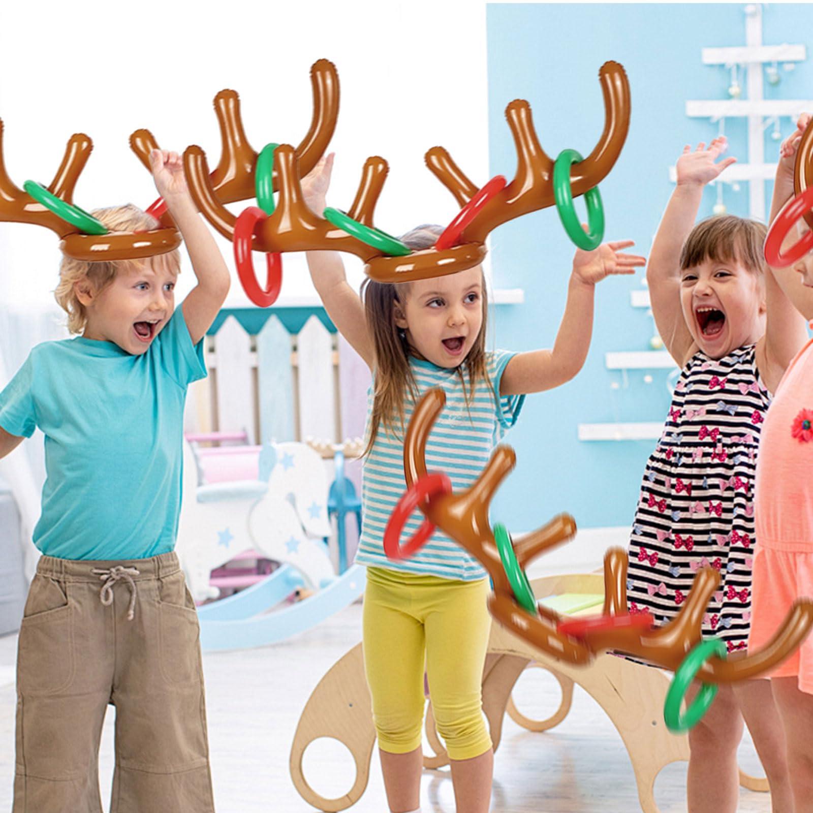 TUONYIS 10 Pcs Inflatable Reindeer Antler Game, Christmas Easter Party Ring Toss Game Set, 2 Reindeer Antler Hat - Image 4