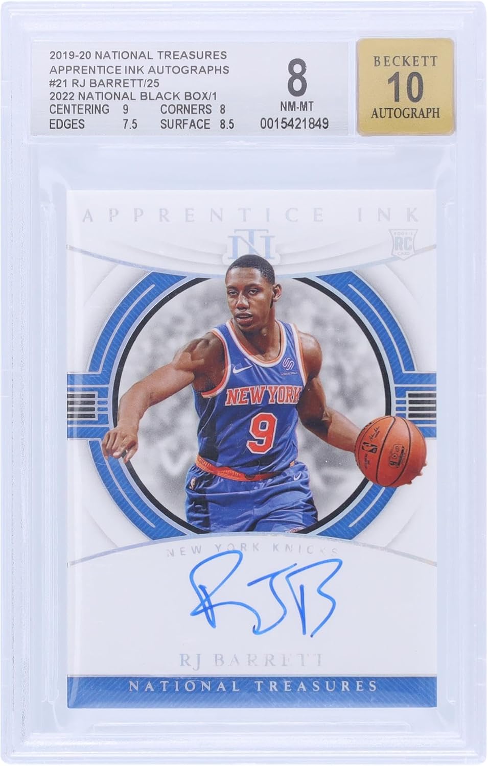 RJ Barrett New York Knicks Autographed 2019-20 Panini National Treasures Apprentice Ink Box #AI-RJB #1/1 BGS Authenticated 8/10 Rookie Card - 9,8,7.5,8.5 Subgrades - Basketball Slabbed Autographed