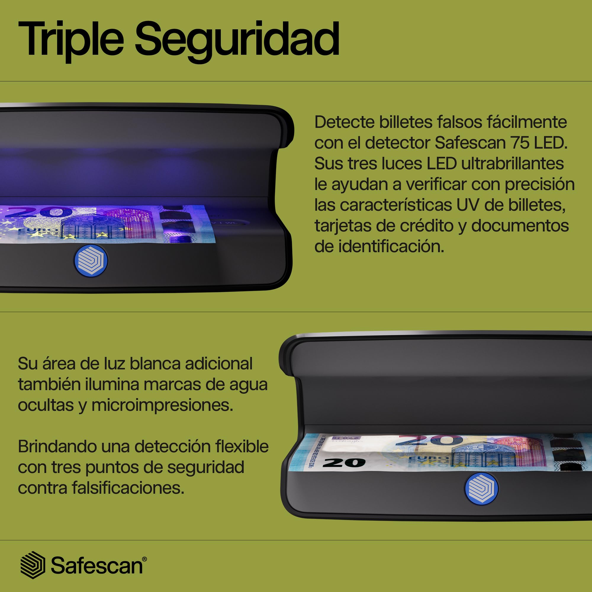 Safescan 75 LED Detector de billetes falsos UV blanco triple detección