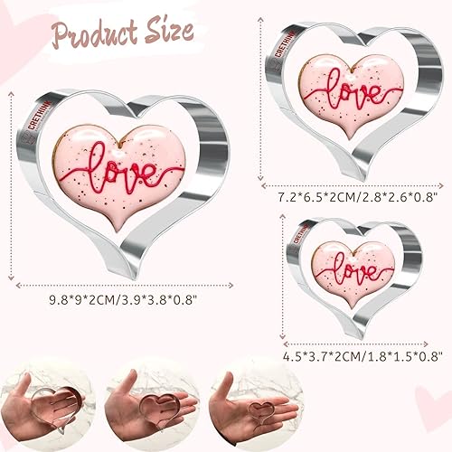 Miniatura 3 de Crethinkaty Juego de 3 cortadores de galletas de corazón de acero inoxidable para el día de San Valentín para hornear