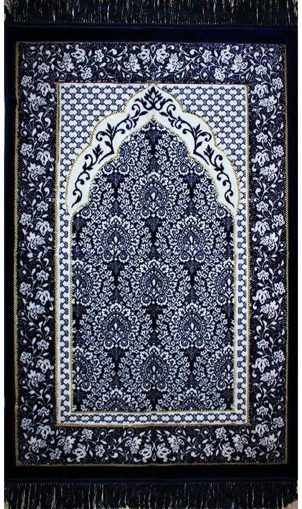 ModefaPlush Velvet Prayer Rug Janamaz Sajjadah Namaz Seccade Turkish Prayer Mat Carpet Ipek Floral with Prayer Cap (Blue)
