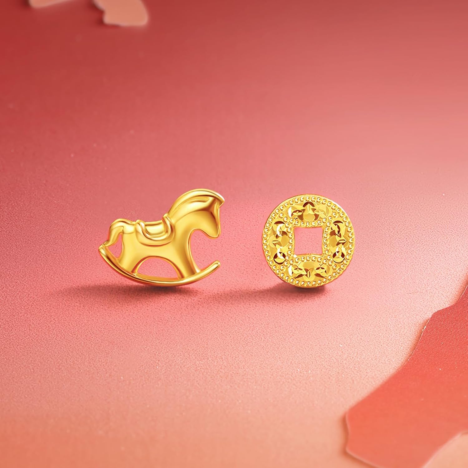 24K Gold Stud Earrings Rocking Horse Small Studs Asymmetrical Copper Coin Pure Gold Earring Lucky Wealth Jewelry for Women Her Gifts Birthday New Year Anniversary A0923022 - Image 5