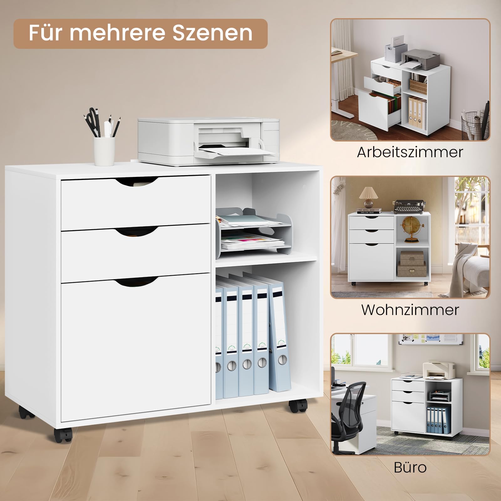 WOLTU Rollcontainer mit 3 Schubladen, mobiler Aktenschrank mit 5 Rollen, Büroschrank mit verstellbarem Hängeregistratur & Einlegeboden, für Büro Zuhause, 80x69,5x39,5 cm, Weiß, ASK13ws
