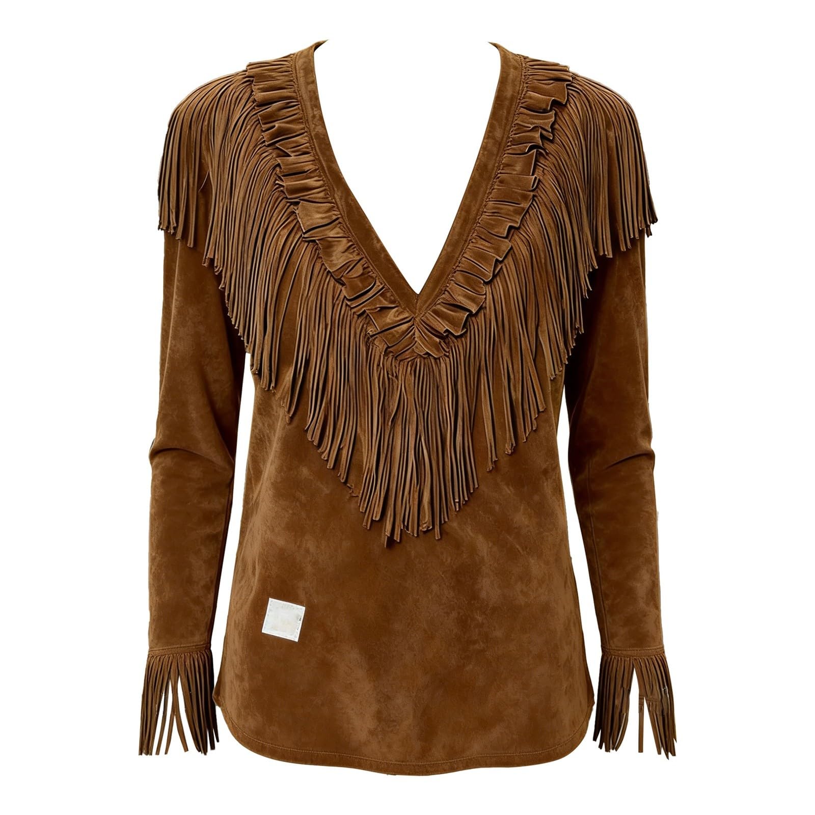 HUIFUAO Western-Tops für Damen, Vintage-Fransenhemden, V-Ausschnitt, langärmelig, Quastenbluse, Wildleder, Cowgirl-Outfits, 70er-Hippie-Kleidung, trendig, lässig, Festival, Party-Kostüme