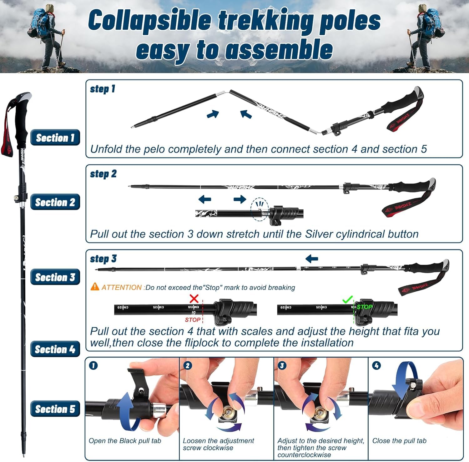 Wanderstöcke Faltbar 110 CM-130 cm, Bluefire Nordic Walking Stöcke für Damen und Herren, 7075 Aluminium Wanderstöcke, Mit 6 Paar Gummipuffern mit unterschiedlichen Funktionen